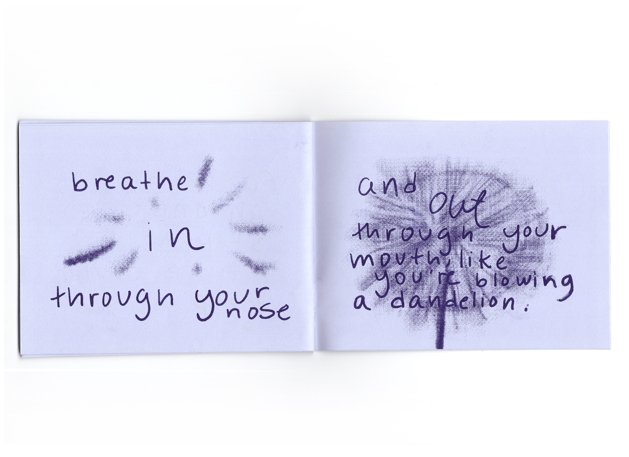 An open spread of the zine. On the left page star burst lines illustrate how to breath in, on the left page a drawing of a dandelion encourages readers to blow out through their mouths.