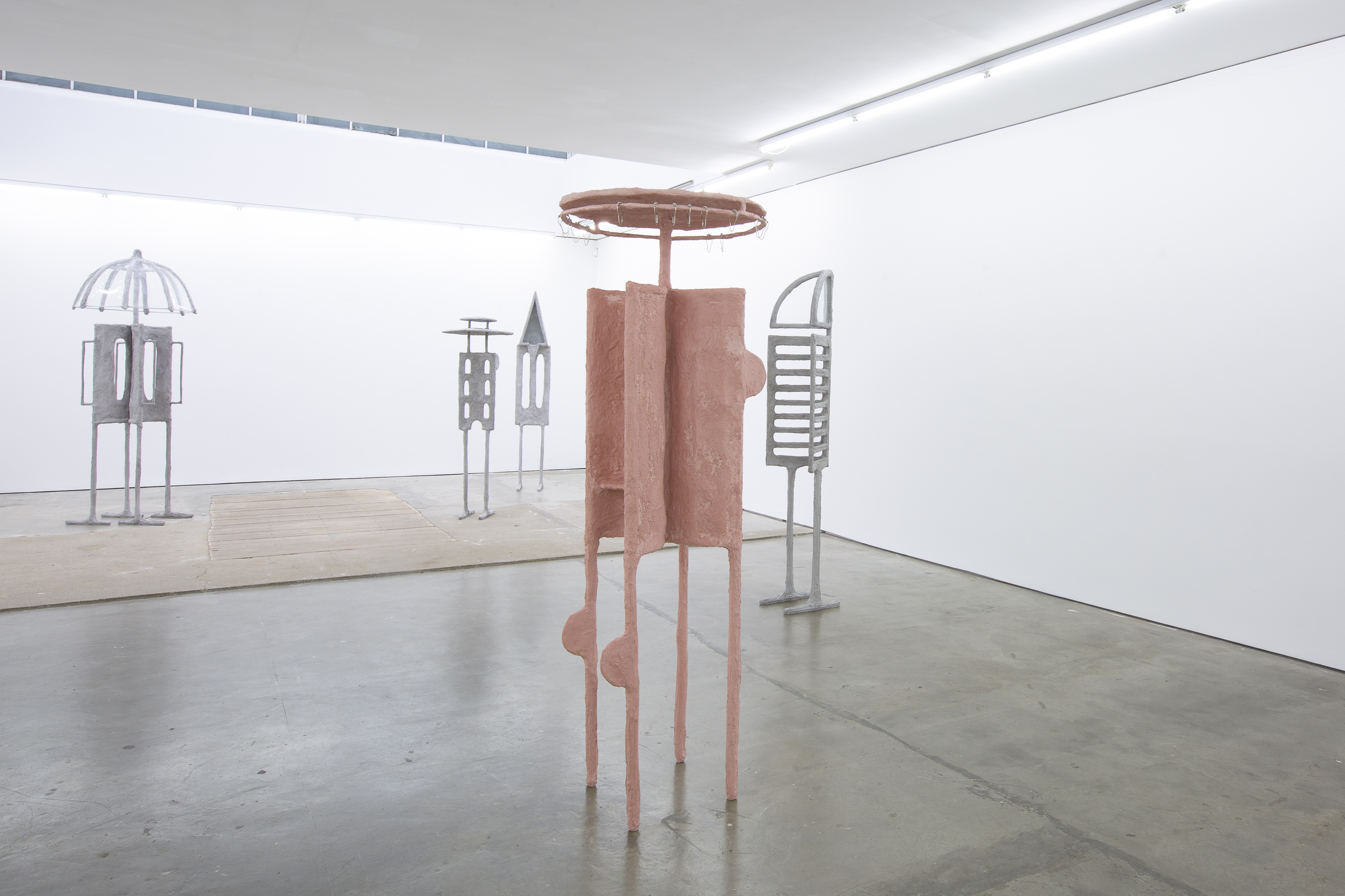 The Crowd (Part 2 - Edel Assanti Gallery), 2020, steel, plaster, burlap, sand, pigment, glass, shower curtain hooks