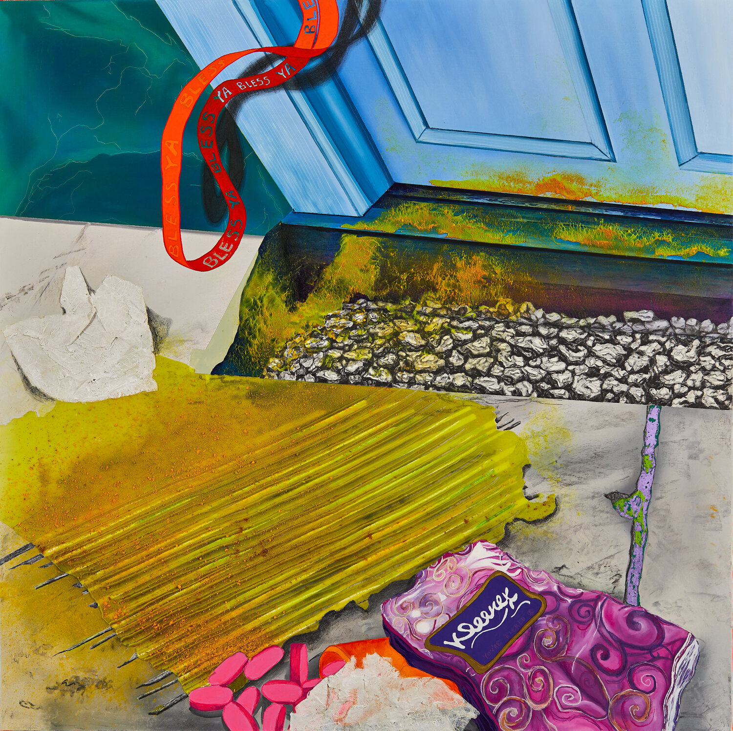 Jamie Earnest, Bless Ya, 2019, oil, wax, graphite, foil, chalk, paper, ink and acrylic on canvas, 30 x 30 in (76.2 x 76.2 cm)