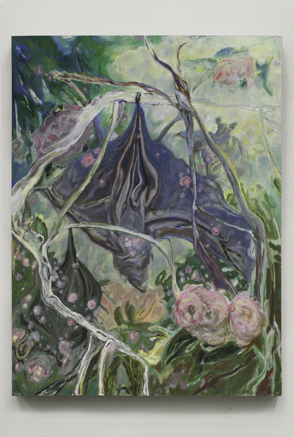 Fruit Bats Awaken in the Rhododendron Bush, oil on linen, 60 x 44 in, 2020 
