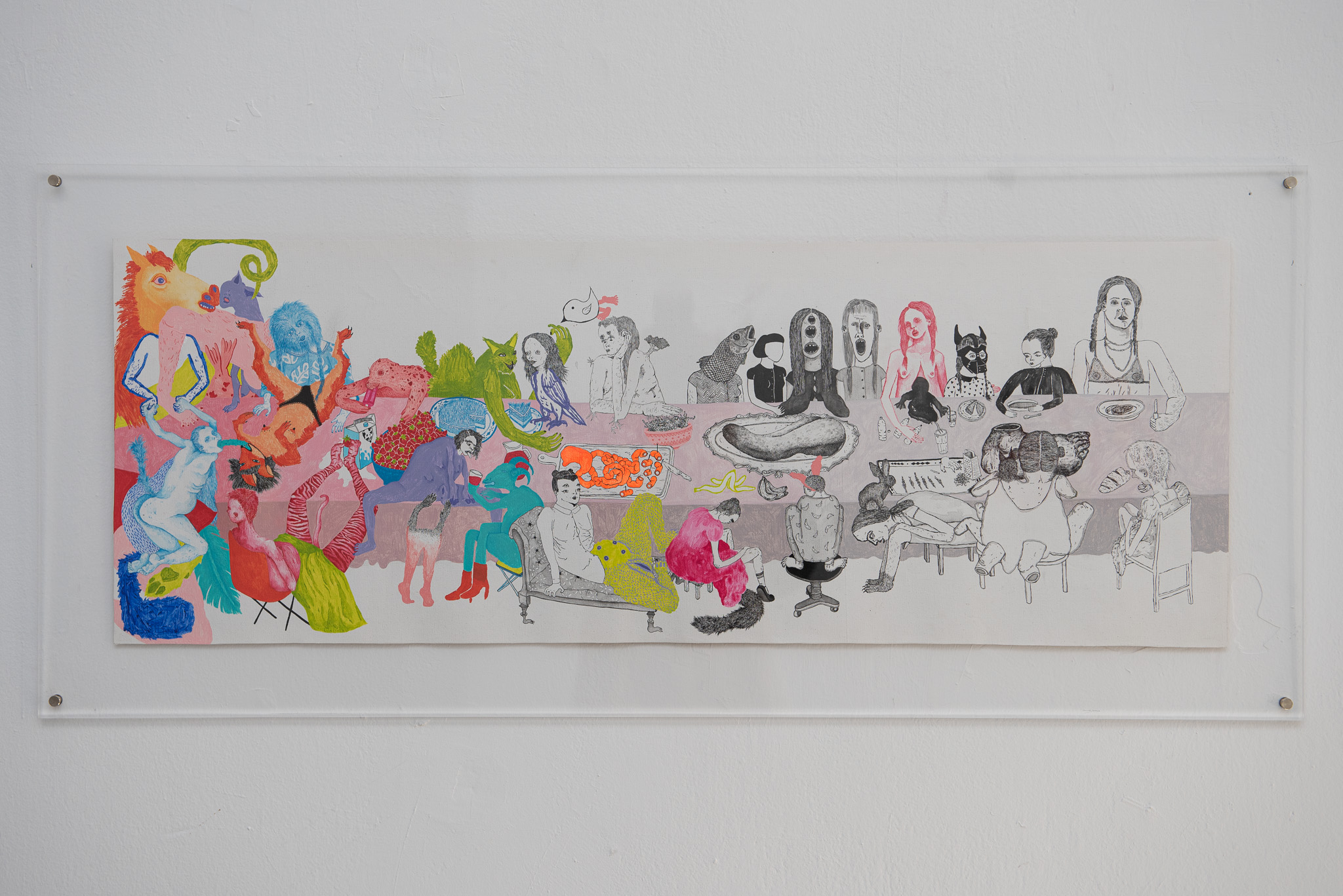 how to host a rawmantic dinner party, 2021, acrylic paint, ink on canvas, 36,5 x 99 cm