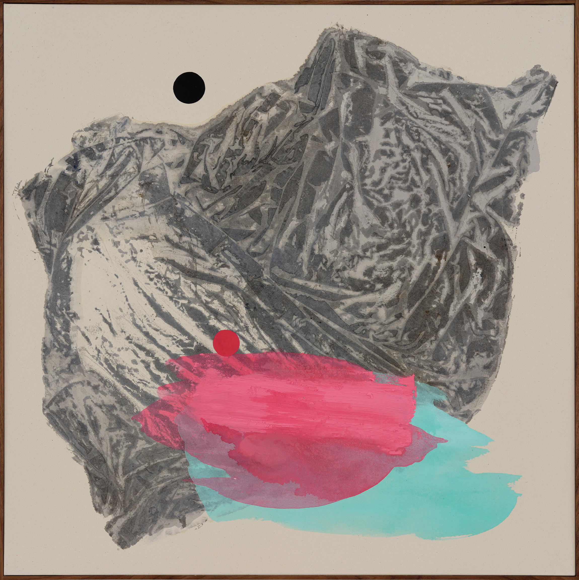 Proof, 2022, acrylics on canvas, walnut frame, 124 x 124 cm