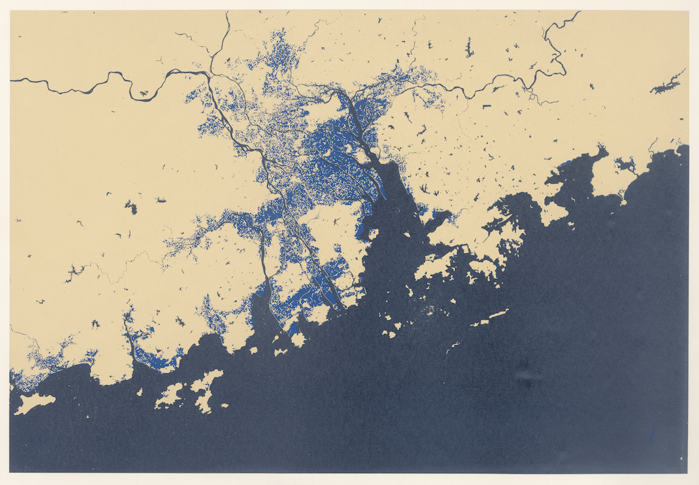 Lucas Ihlein, Guangzhou Delta Haiku: Pearl River Delta Sea Level Rise Maps - Light blue colour indicates possible extent of 1 metre sea level rise, screenprint on paper, 2016.