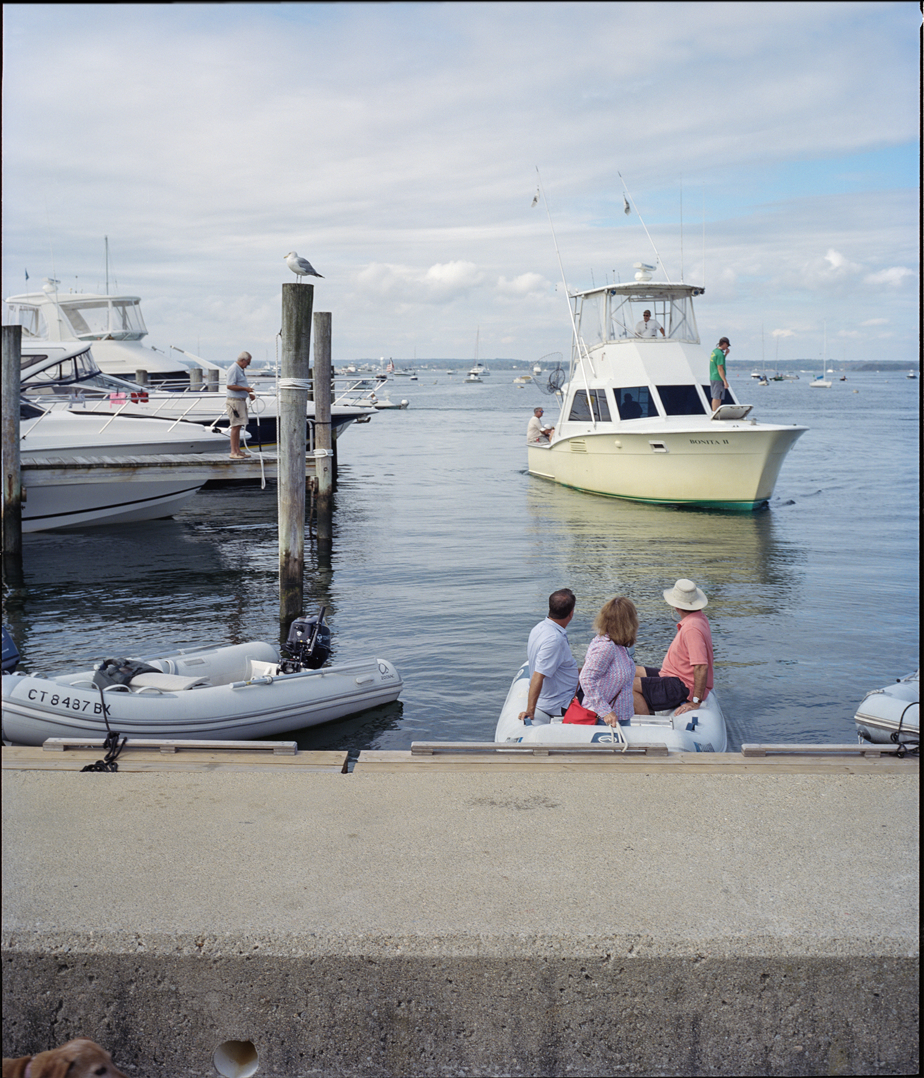 Yachts, yacht taxi, other yachts. Watch Hill, Rhode Island, USA, 2020.