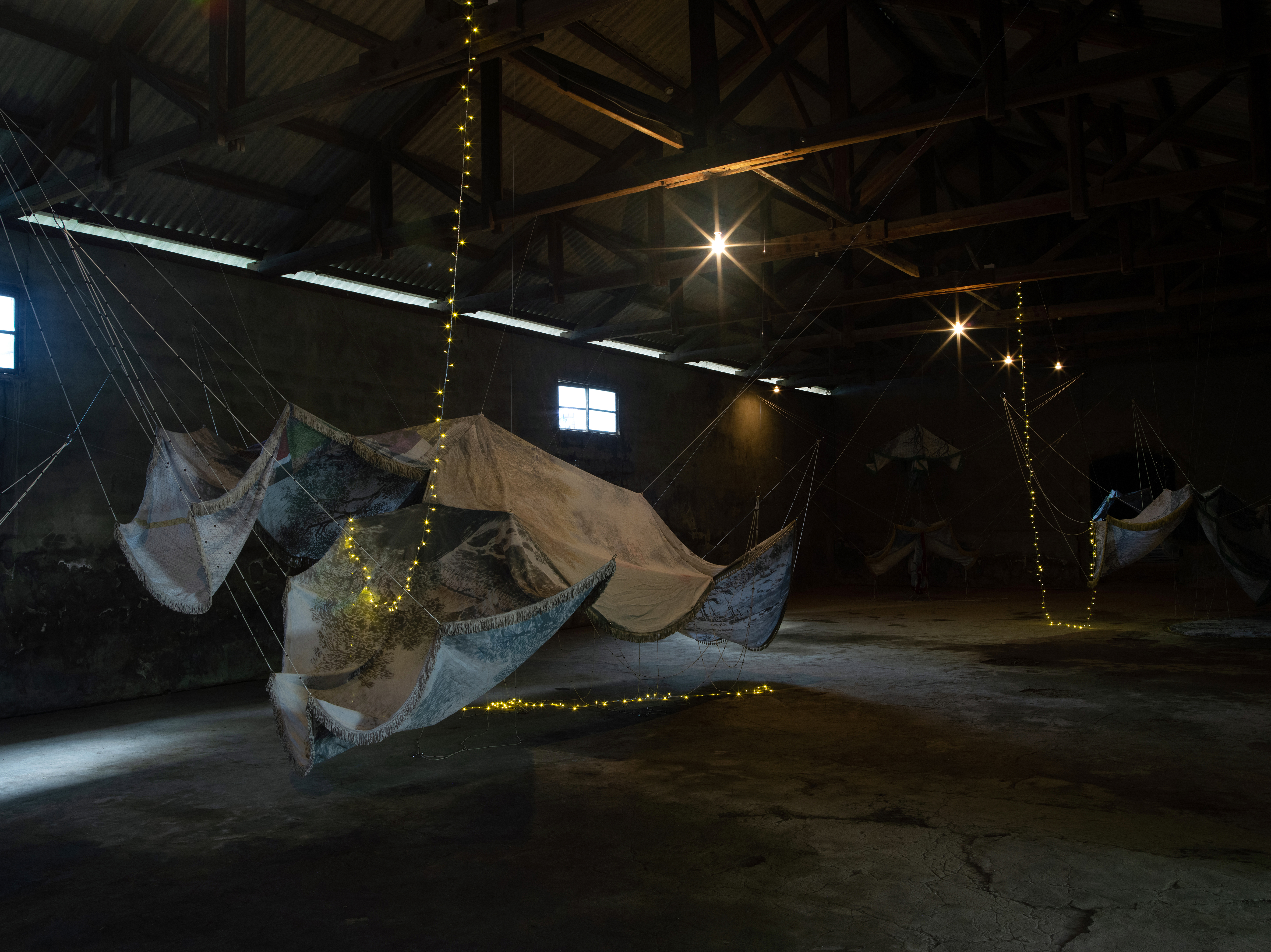 Drift_Atypical Form, 2022-23,  Pigment print on fabric, wooden bead, thread, metal ring, installation view_ Flow, Ten Excitement, Naju, Korea, 2023