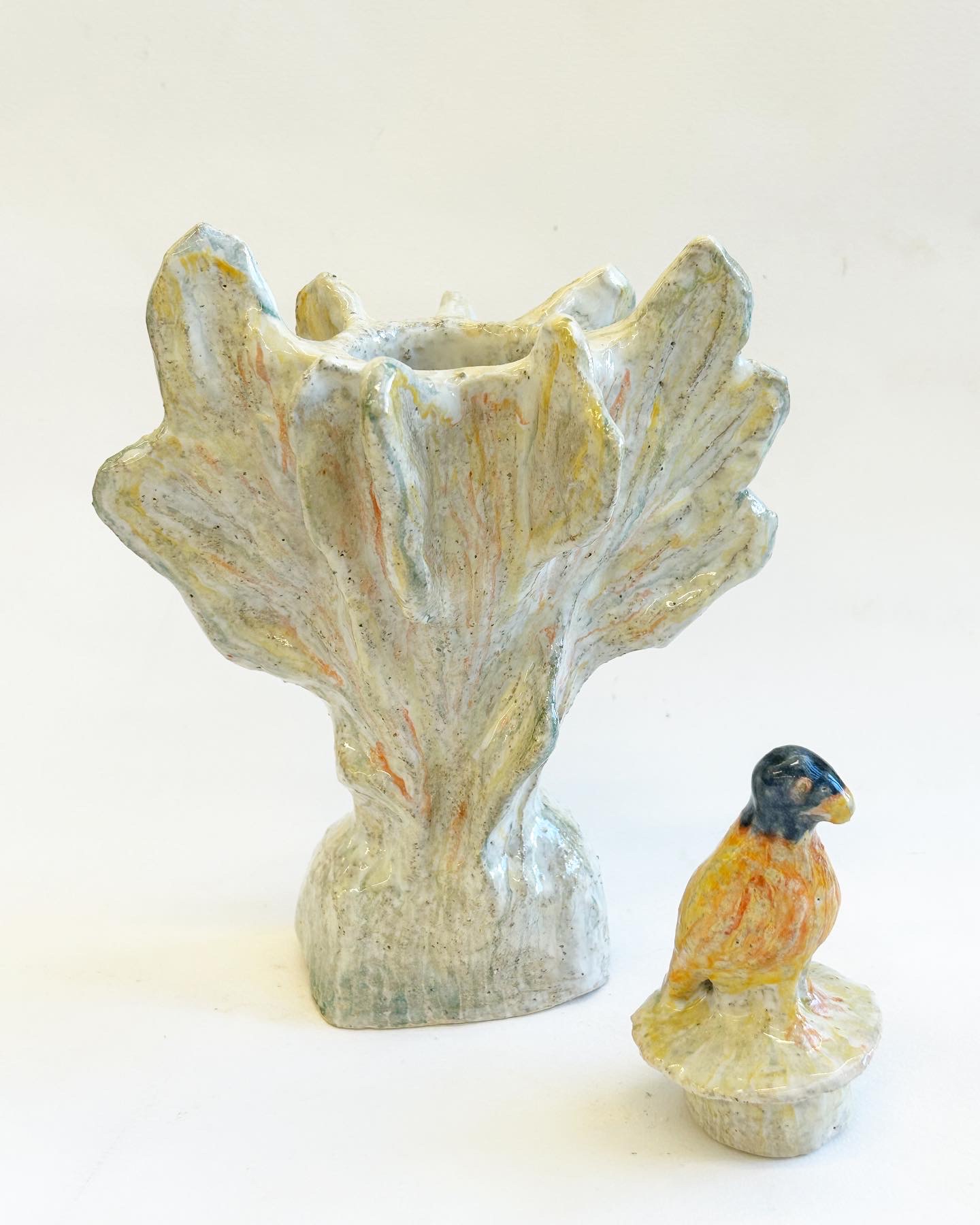 vase or candle holder with bird (view 2), glazed stoneware
