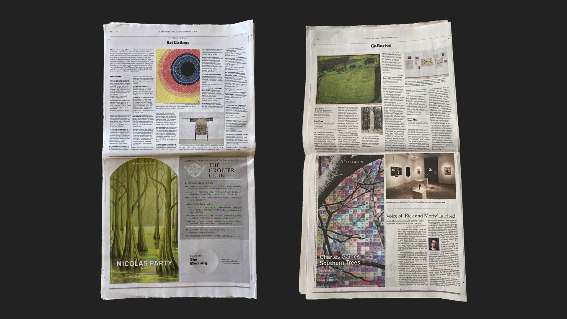New York Times print ads for 'Nicolas Party. Swamp' (2023) and 'Charles Gaines. Southern Trees' (2023).