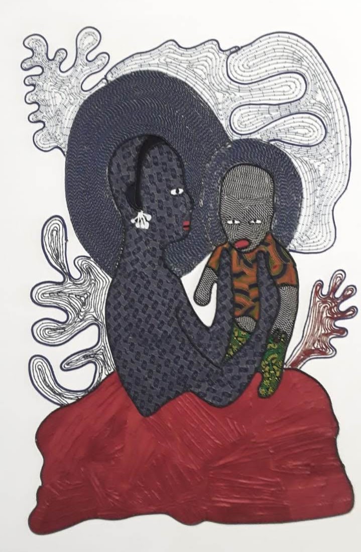 Mother and child bond (2019) 117 × 68 x 5cm Fabric collage and stitched leather rope on canvas Unique Artwork