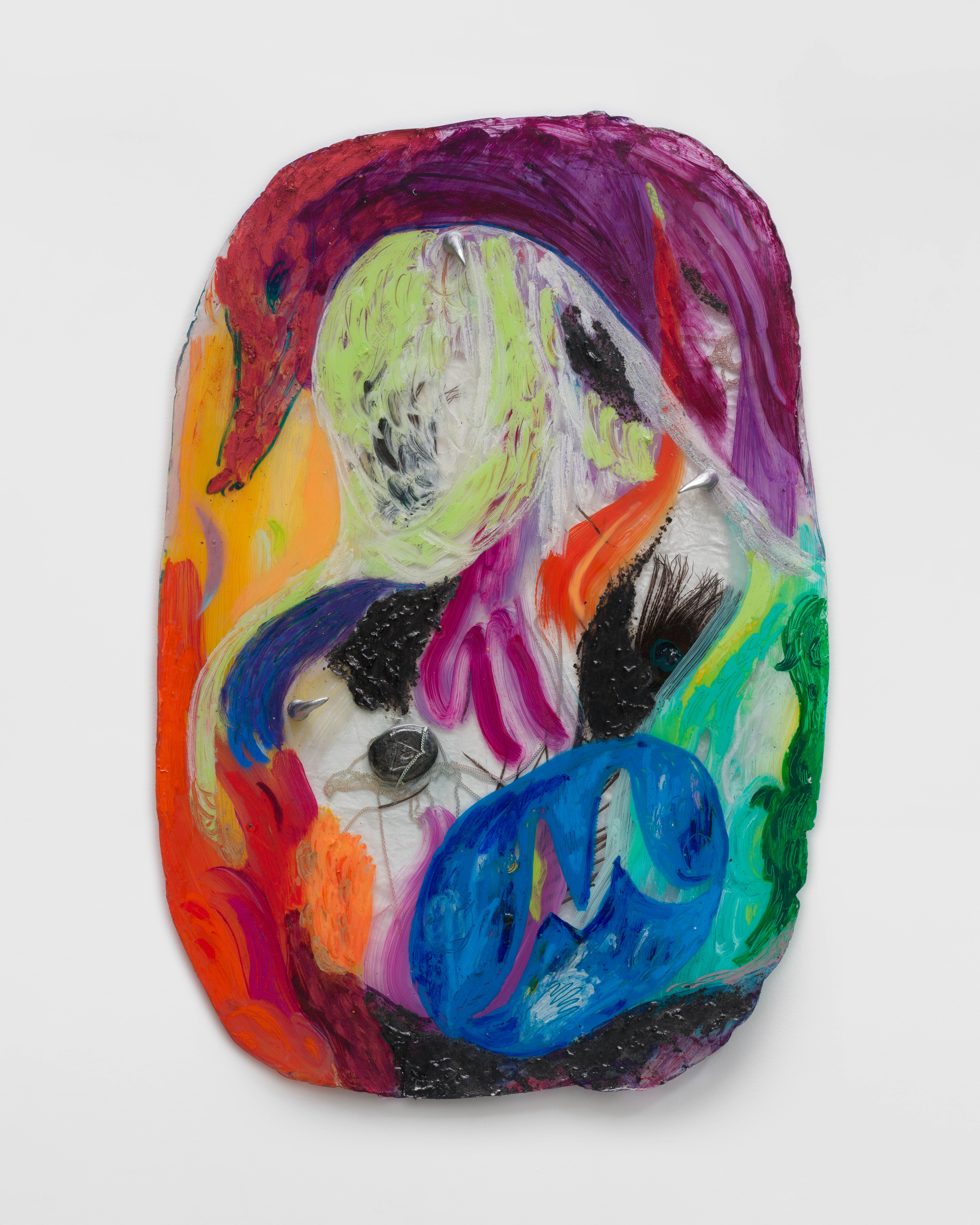 Mothering Stone, 2023. Resin, epoxy clay, sticker, necklace chain, peacock feathers, acrylic paint, and oil pastel. 25” x 17”.