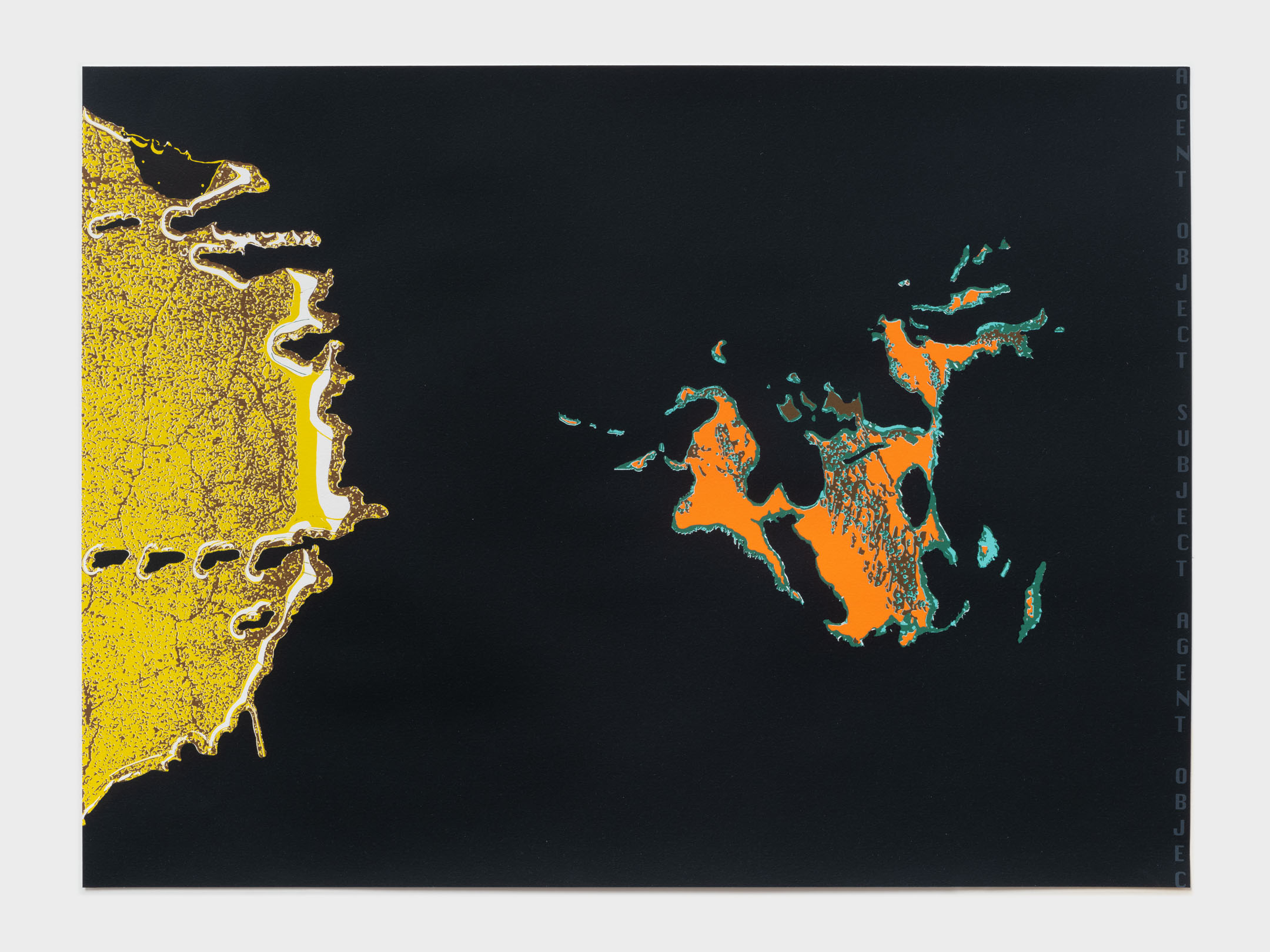 Agent Object Subject, 2024. Screenprint; composition and sheet 50.5 cm x 67.5 cm. Acrylic ink on BFK Rives White 280gsm 