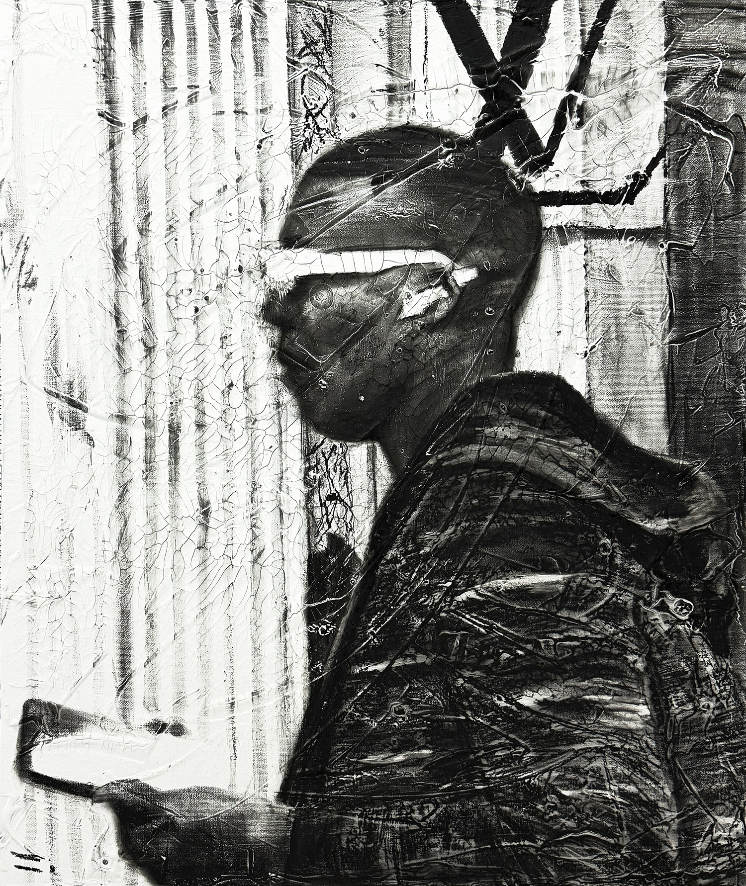 Modern guy, 2023, charcoal, industrial paint on abandoned canvas, 72.7*60.6(cm)