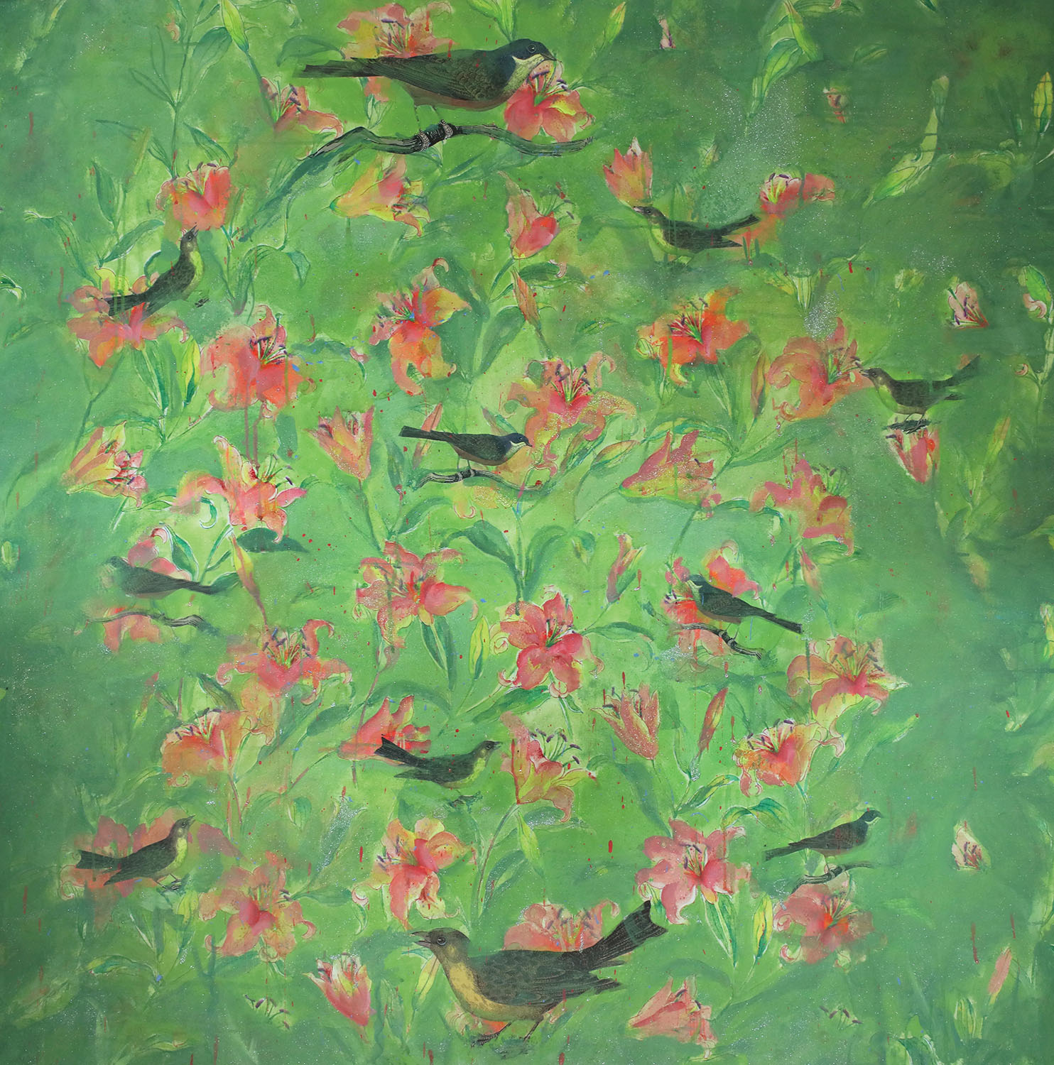 A Flock of Flowers, 2019 Painted acrylic embellishments on printed fabric, 52 x 52 in.