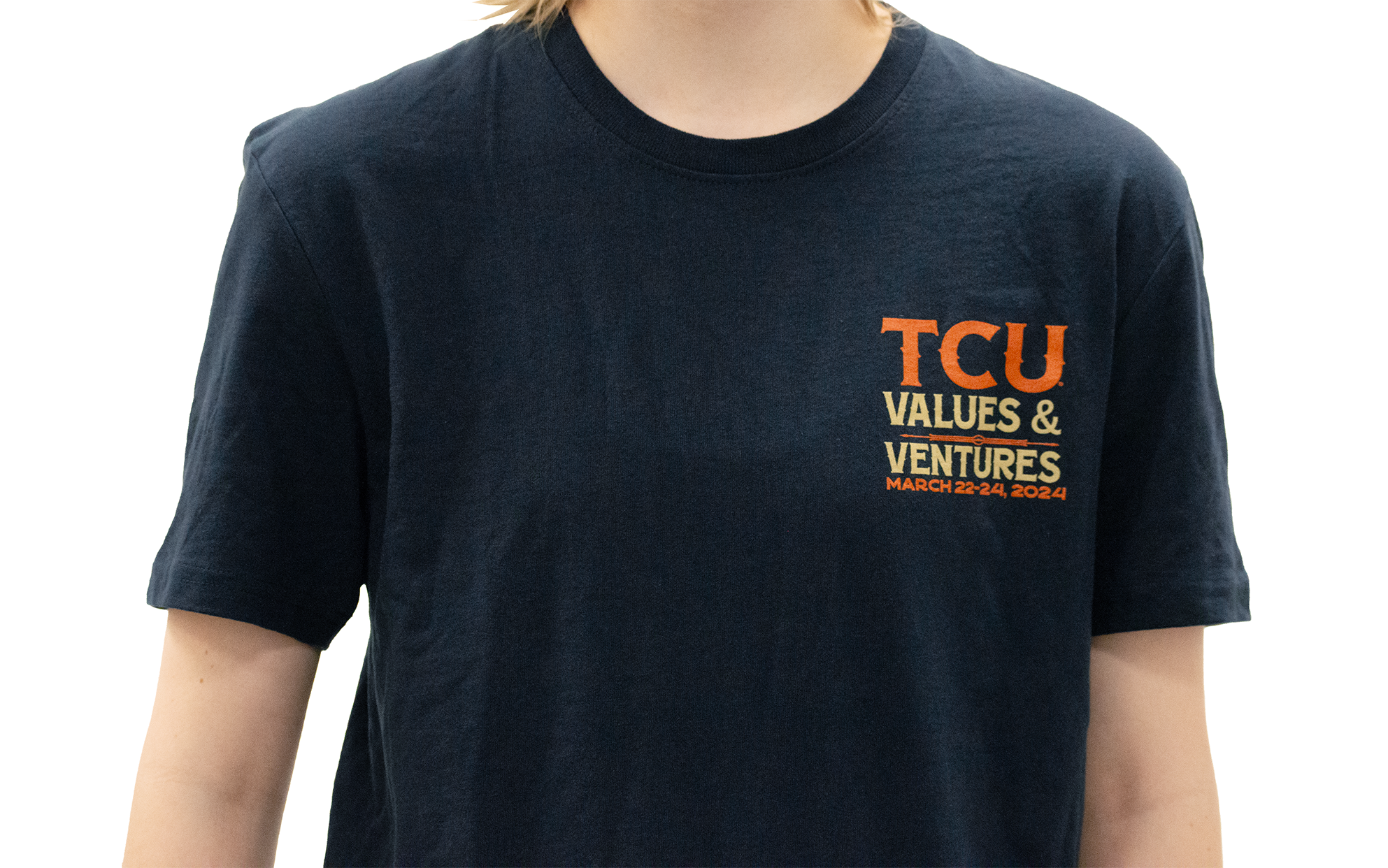 A studio shot showcasing a model wearing the front of the T-shirt.