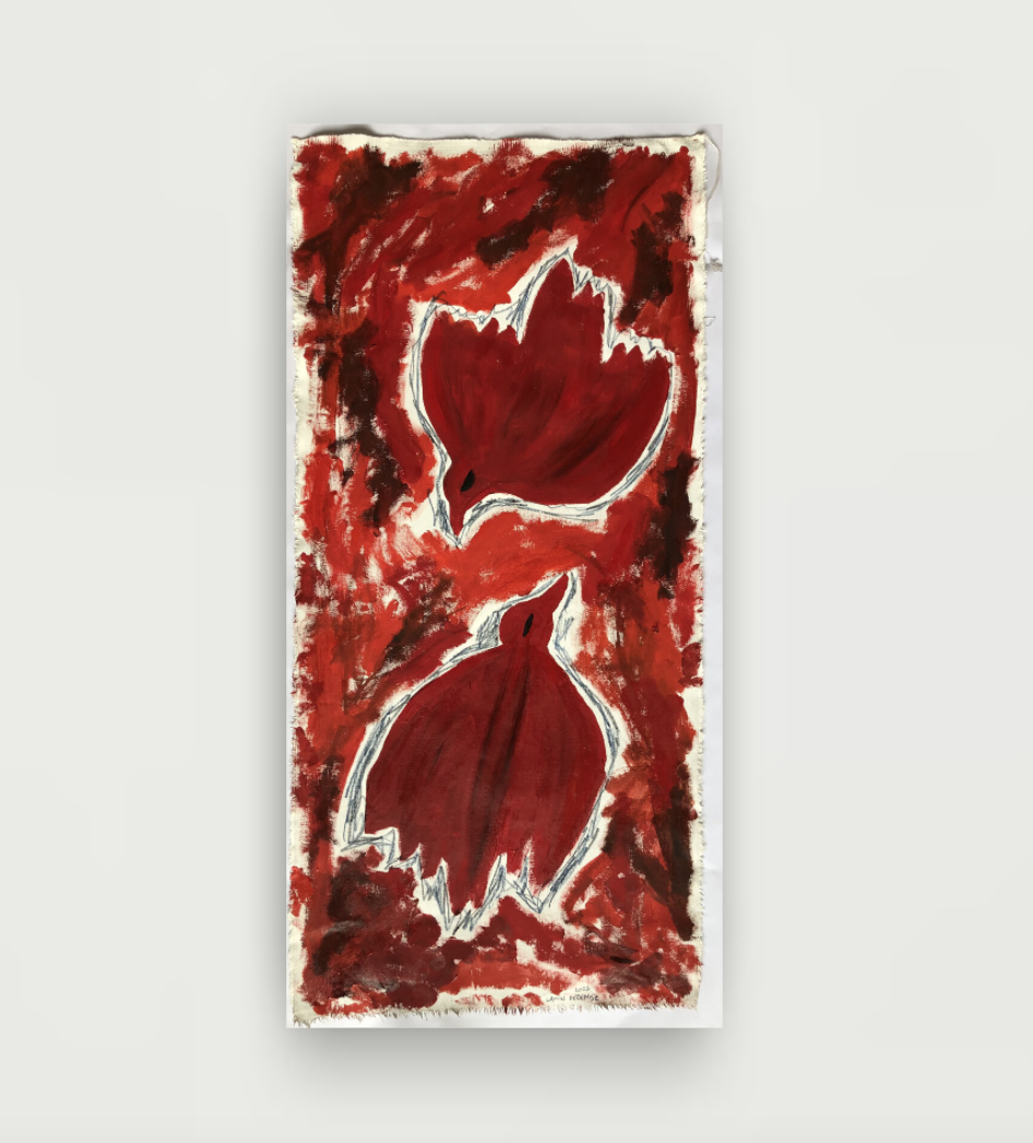 ^ 'Two Birds', Oil painting and pencil on linen loose fabric, 93x44cm, 2023