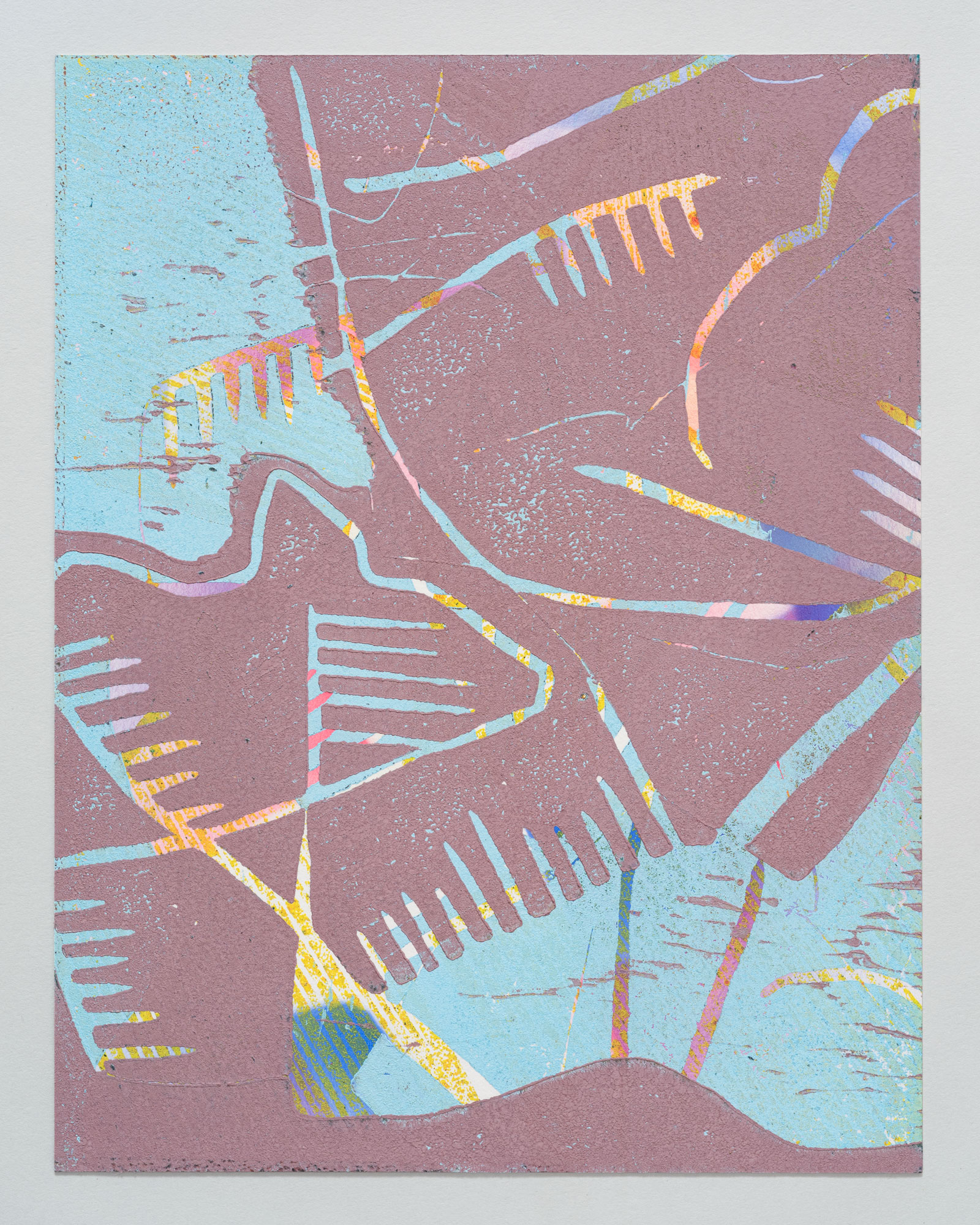 Untitled, 2025, hand-printed woodcut with air-brushed acrylic on paper, 11 × 8.5".