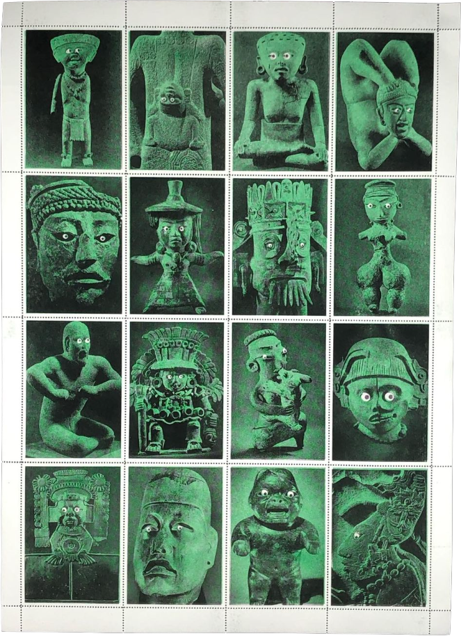 Jogo da memória - México risografia editado pela Entrecampo 16 imagens (32 peças) papel Markatto Edition 200g com picote redondo de selos, feito pelo mestre Ademir Matias na Tipografia Matias Edição limitada. acompanha caixinha para montar. 90R$ o jogo.