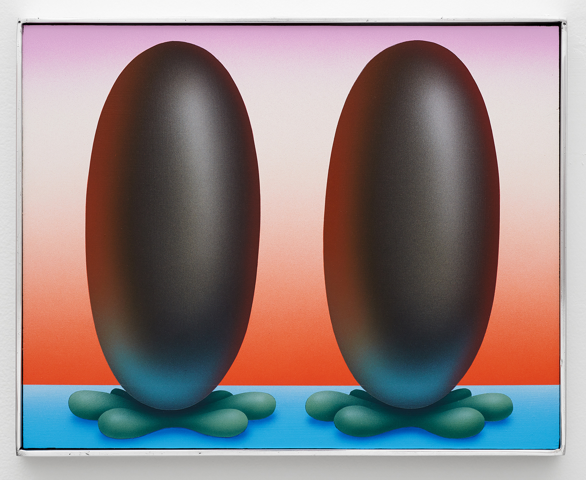 Two Sisters, 2022Acrylic on plywood, polished aluminum artist's frame, 14&rdquo; ︎ 11&rdquo;