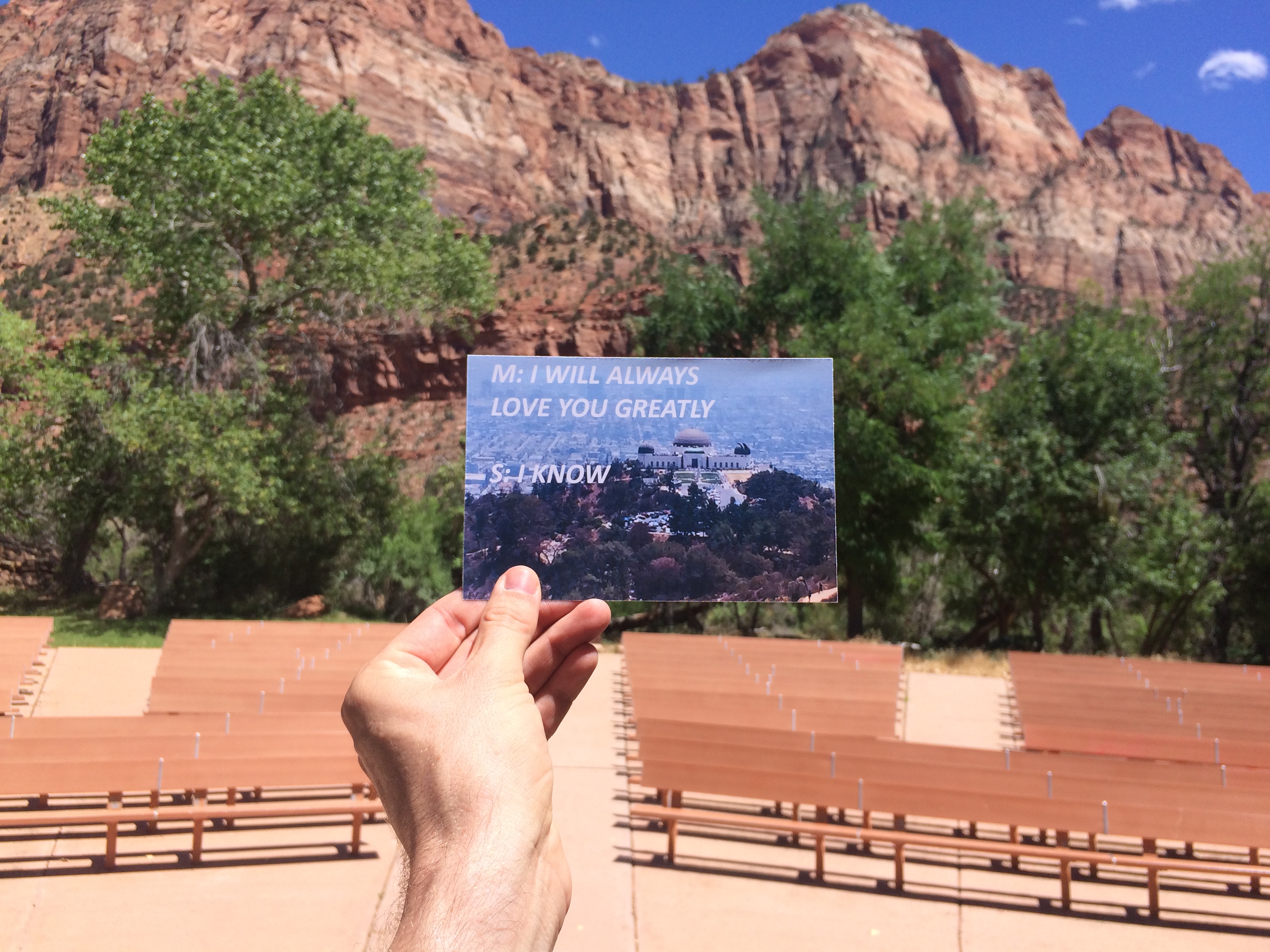 I left Michael's card on a stage in Zion National Park.