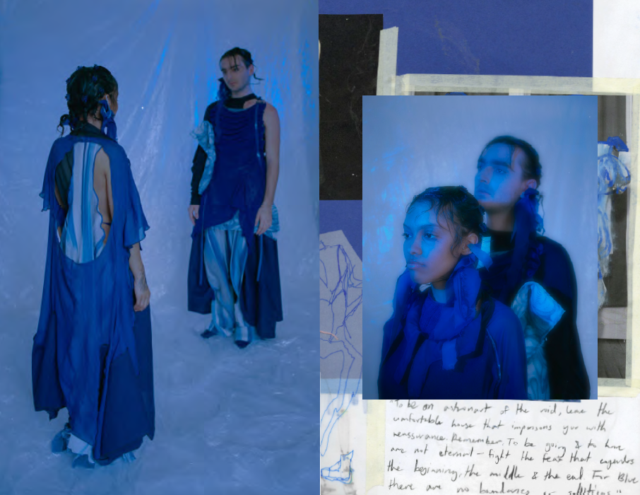 On film and in collage, two people wearing the soft sculptures look at each other in a plastic covered room. The image collaged next to this is a close up of their faces, behind is a scan of some sort of journal entry with different kinds of blue an beige painters tape