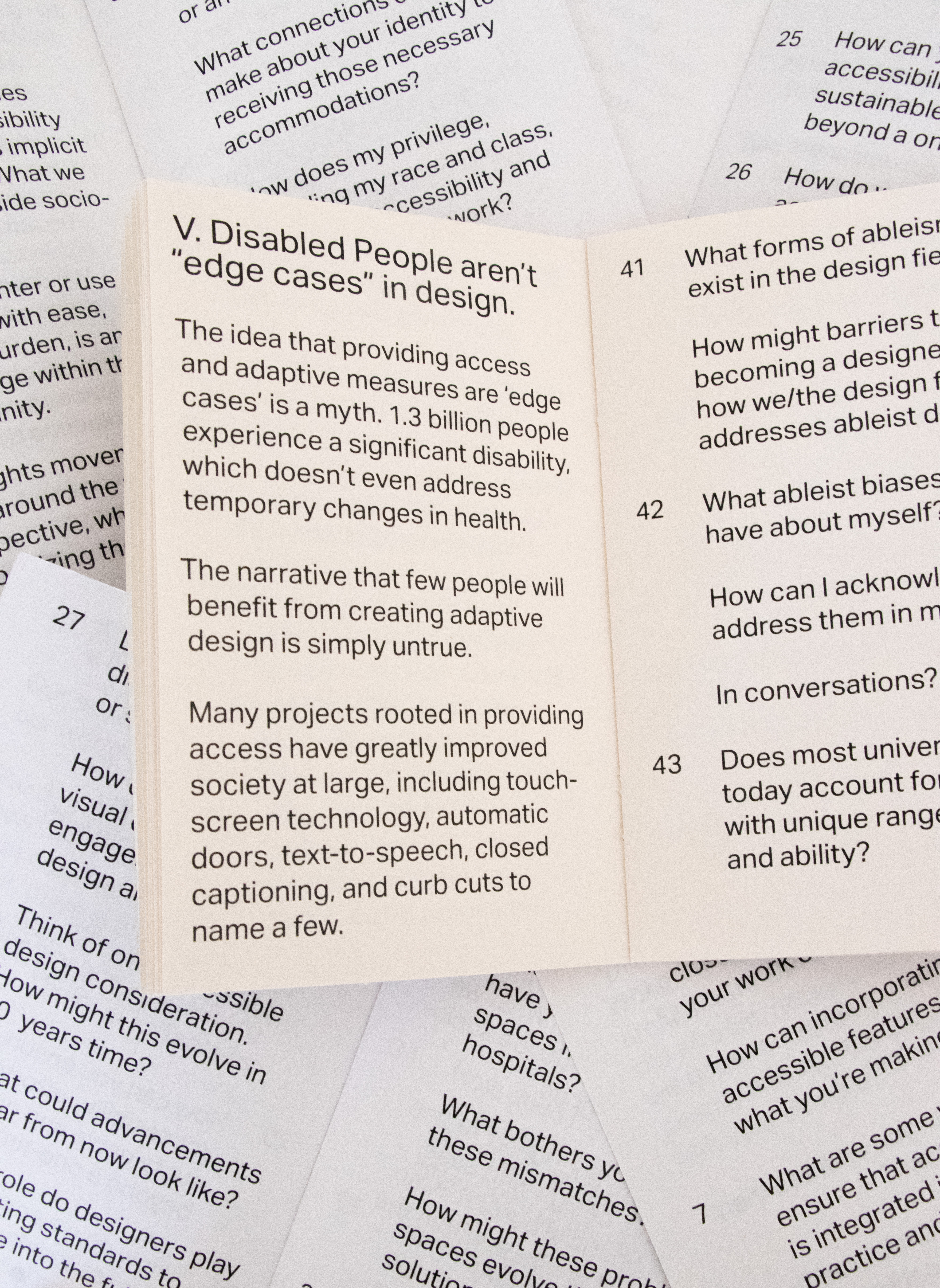 Interior page of a design manifesto with the point, "disabled people aren't 'edgecases' in design, including a further description and reflection questions.