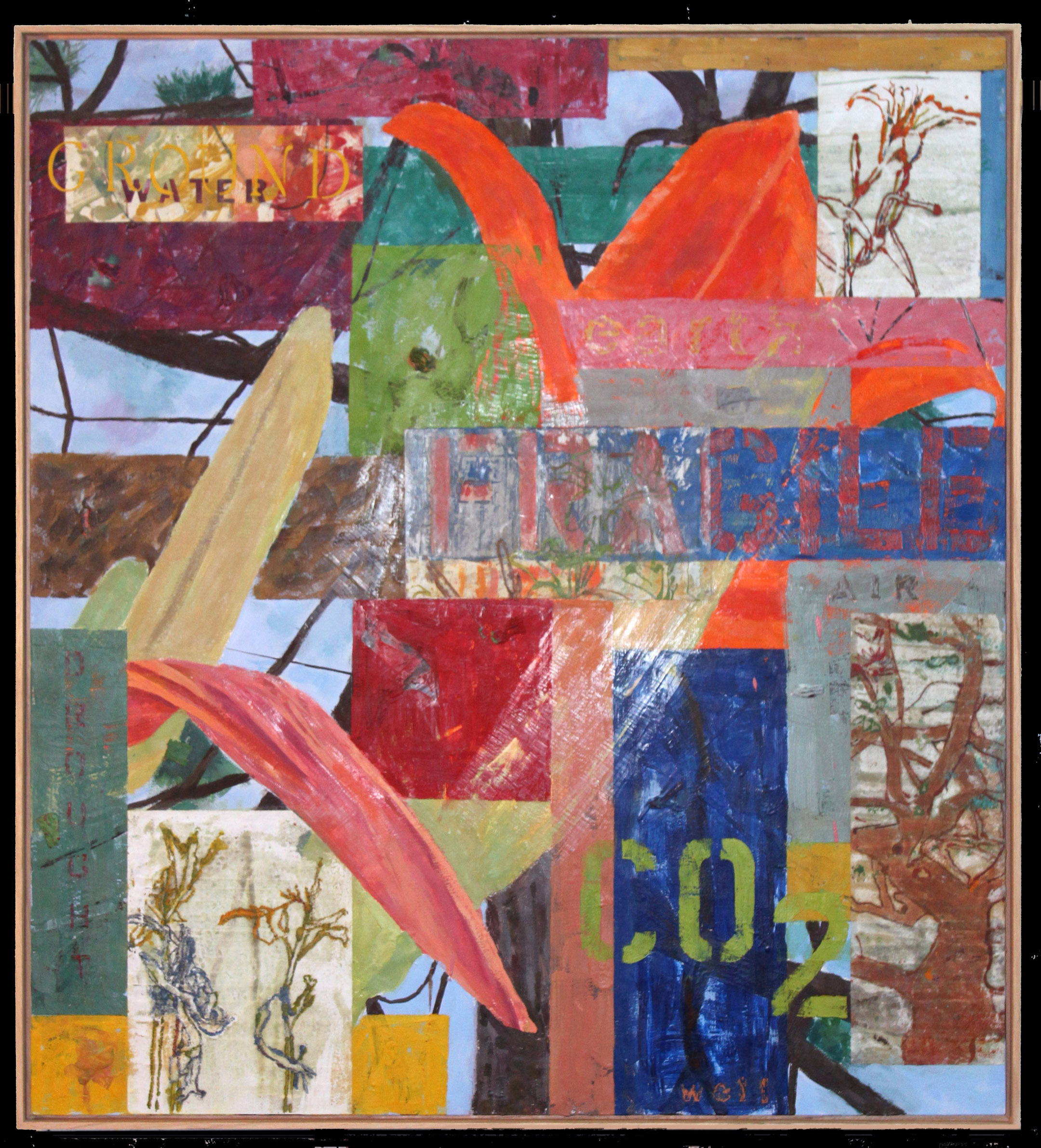 Fragile Earth. 2014. oil, encaustic 7 collage on panel. 43" X 39"