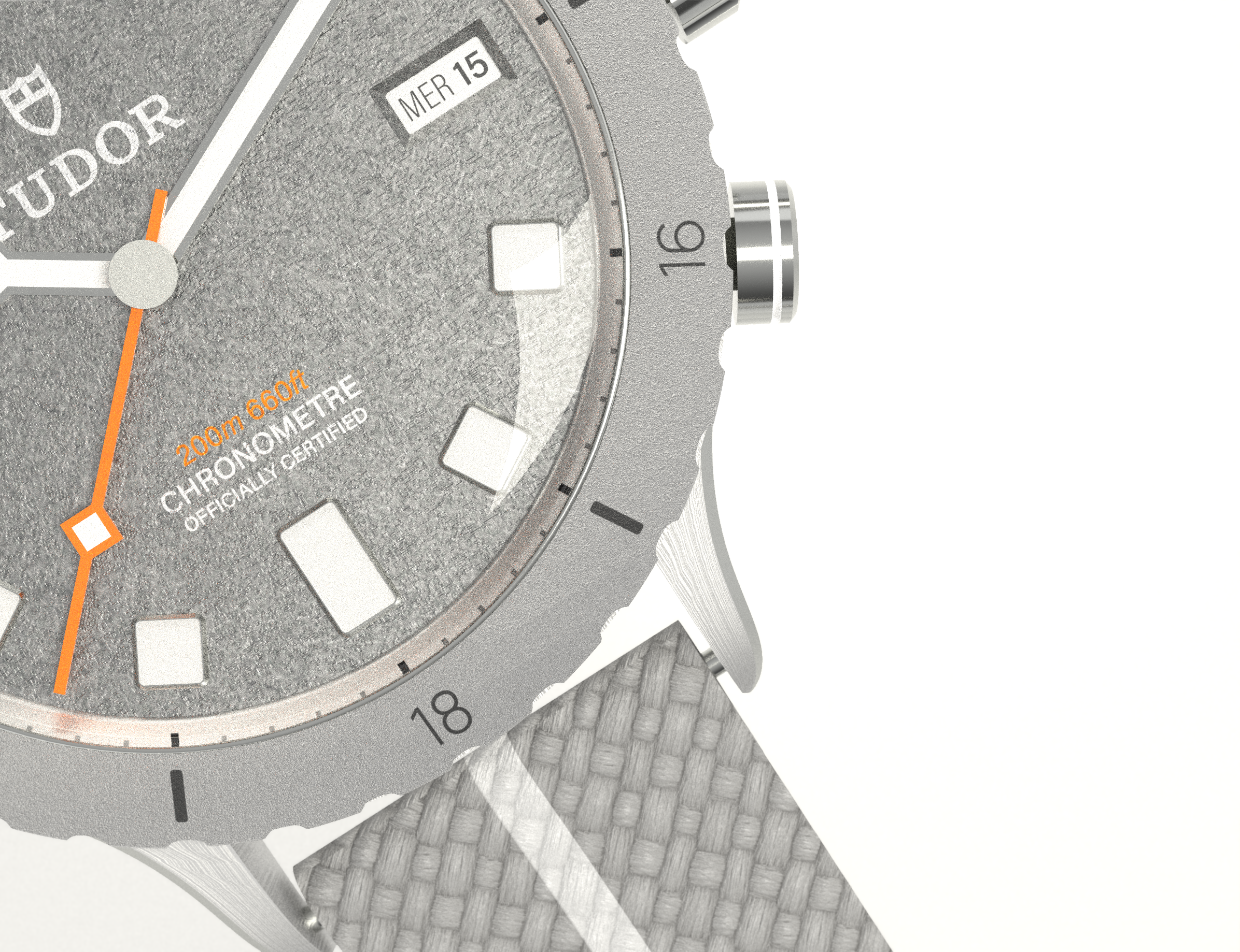 Top Chrono Classic | A modernist take on a timeless design. Featuring a bead-blasted stainless steel case, polished crown and pushers, with a versatile woven nylon band.