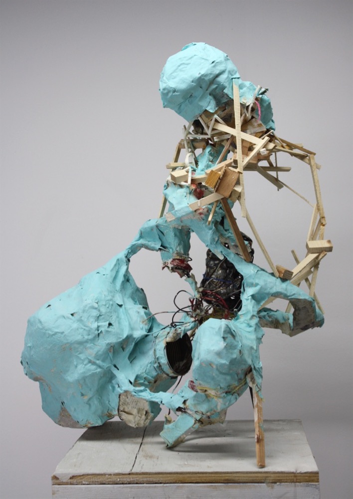  Can.. can’t, 2013, papier-mâché, wood, wire and paint, 24” x 21” x 19”