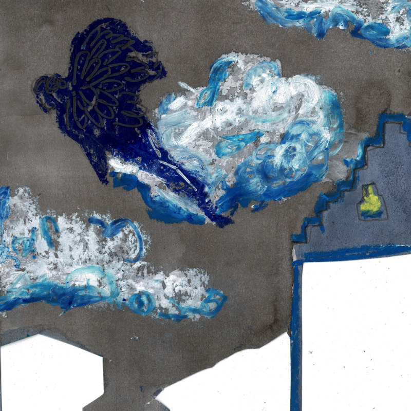 Development sketch for the Fliers of Gy project. Ink, gouache, oil pastel, graphite, April 2023.