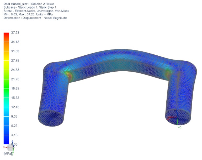 Handle FEA determined that the stress of a sudden forceful pull by the user, while the door is locked, would exhibit a maximum stress of 37.23 MPa. Although high when compared to other stresses, this is not high enough for the material to yield and is within the acceptable bounds of the design.
