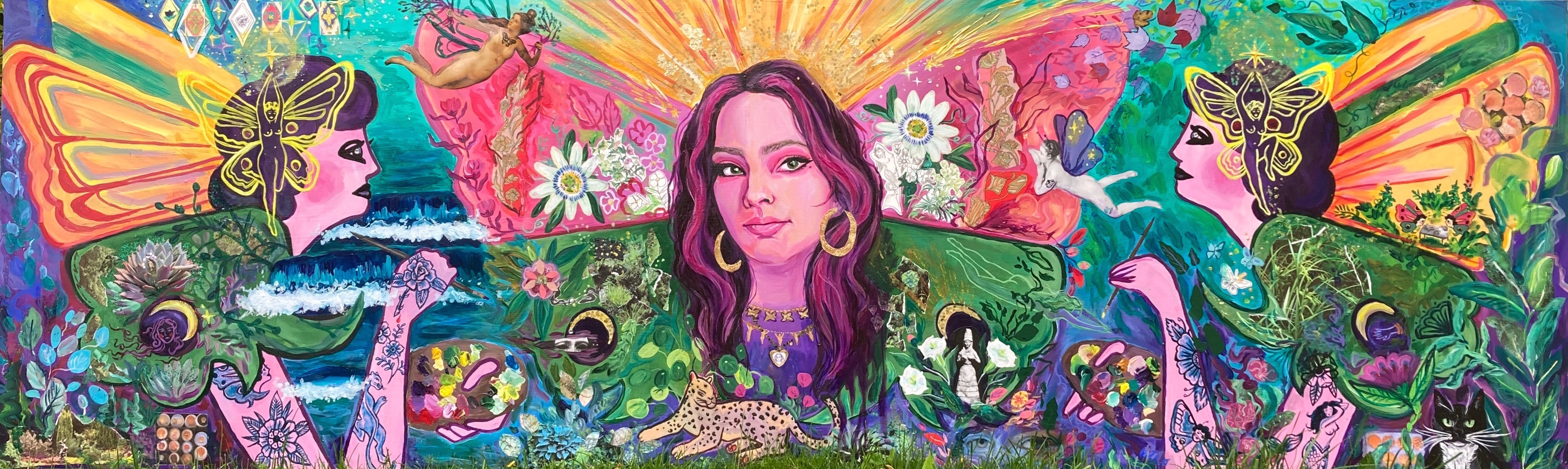 My Beautiful Wife, My Butterfly Queenacrylic, hand-cut collage, glitter, and gold leaf on wooden door, 2x6 feet, 2022