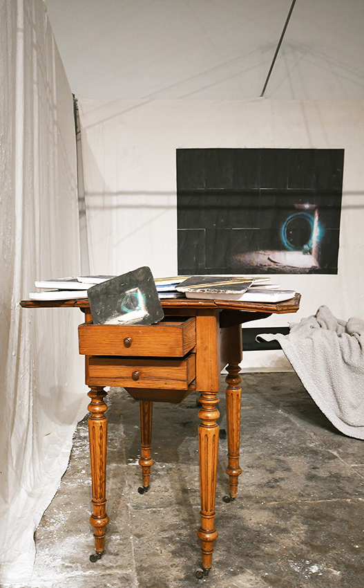 Groundhog dog, 2021, variable dimensions, variable dimensions, metal, old wood furniture, folding bed, plaster, sheets, set of oil paintings on plaster