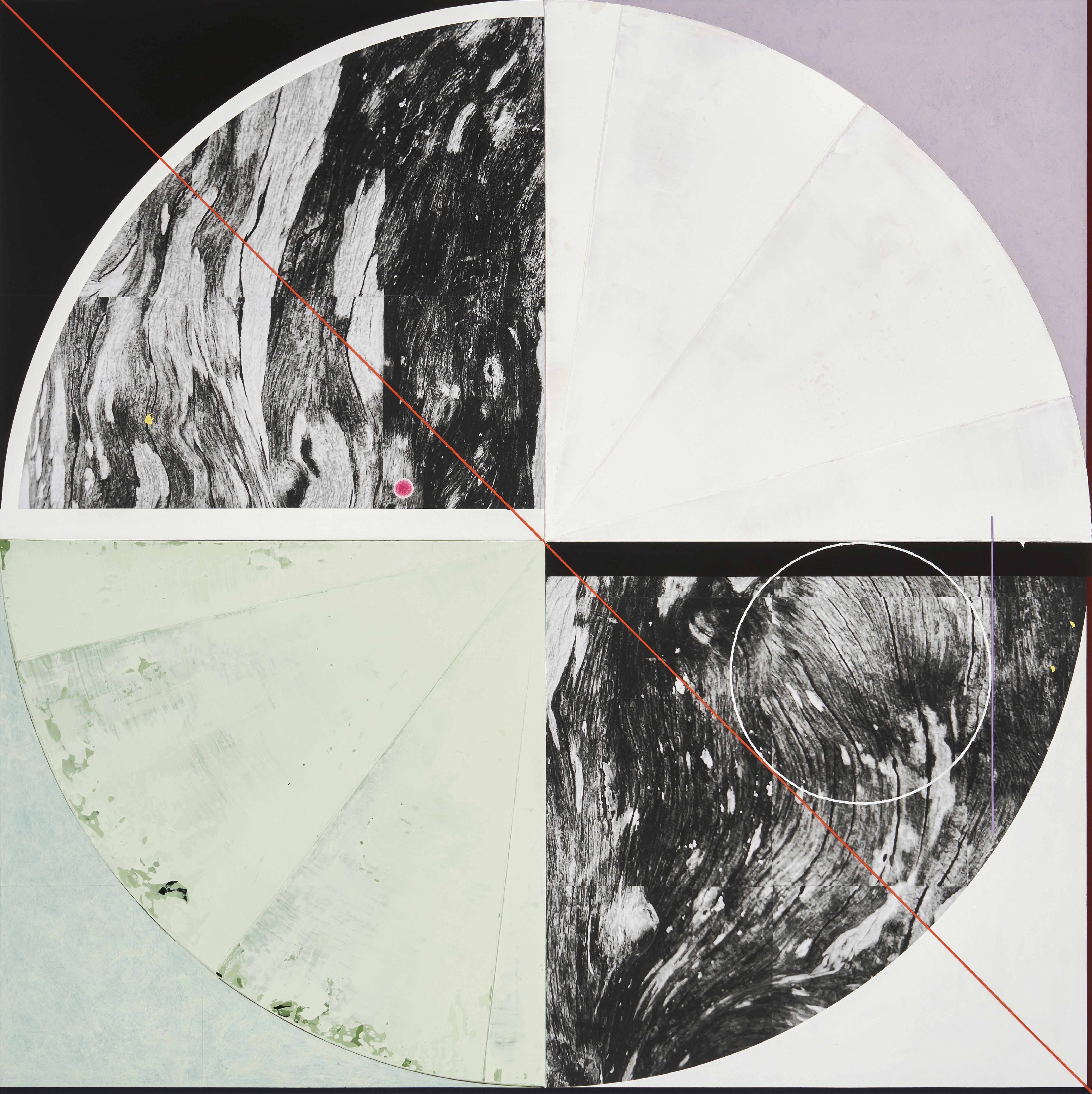The Marbling of Mosses, 2023, acrylic and photo collage on canvas, 100 x 100 cm