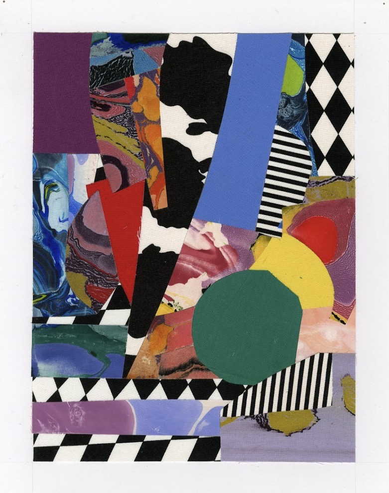 crazy patch I, 2022, marbled cotton, marbled silk, printed cotton on paper 11” x 14”