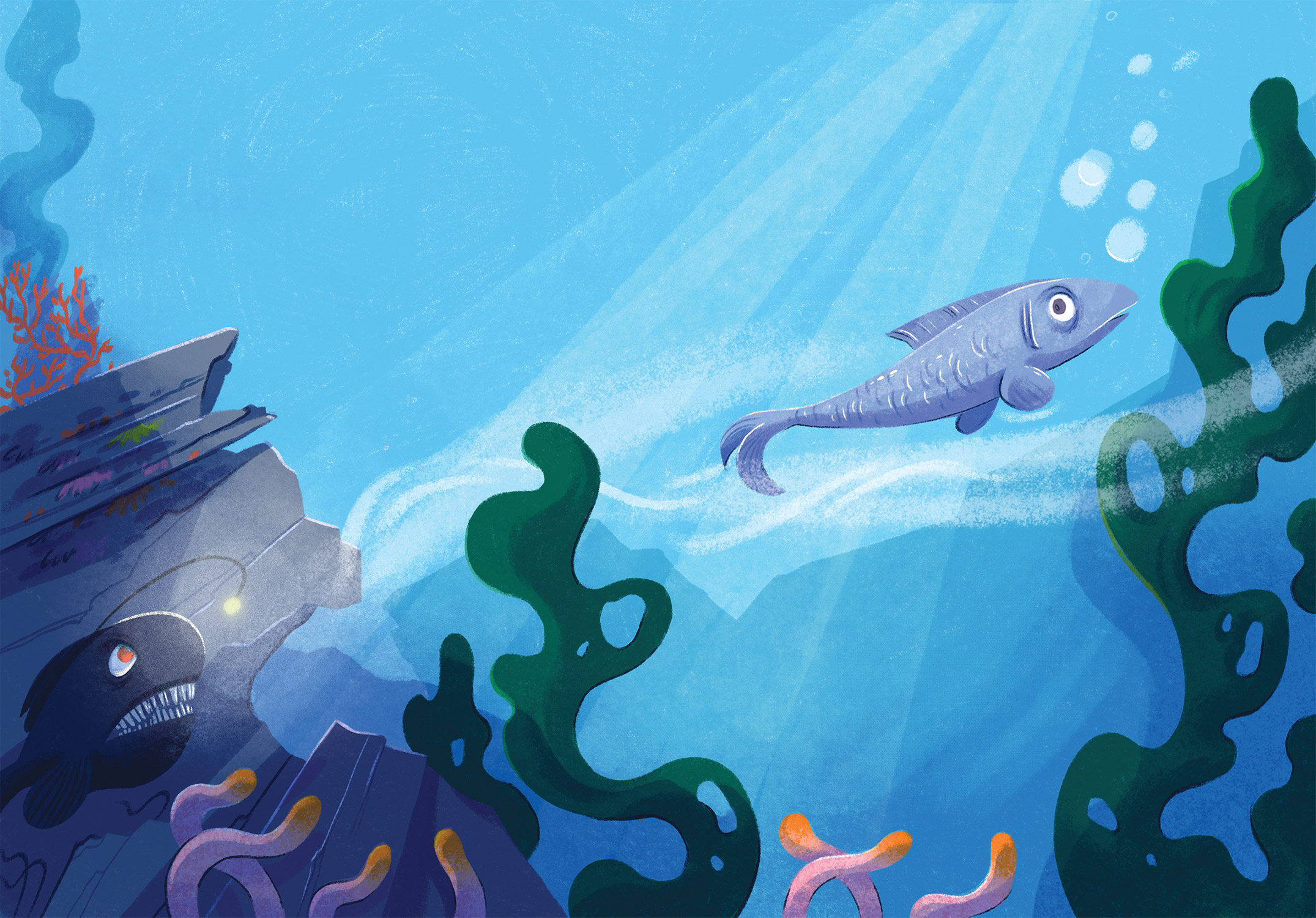 A scary fish chasing a smaller fish in the bottom of the ocean.