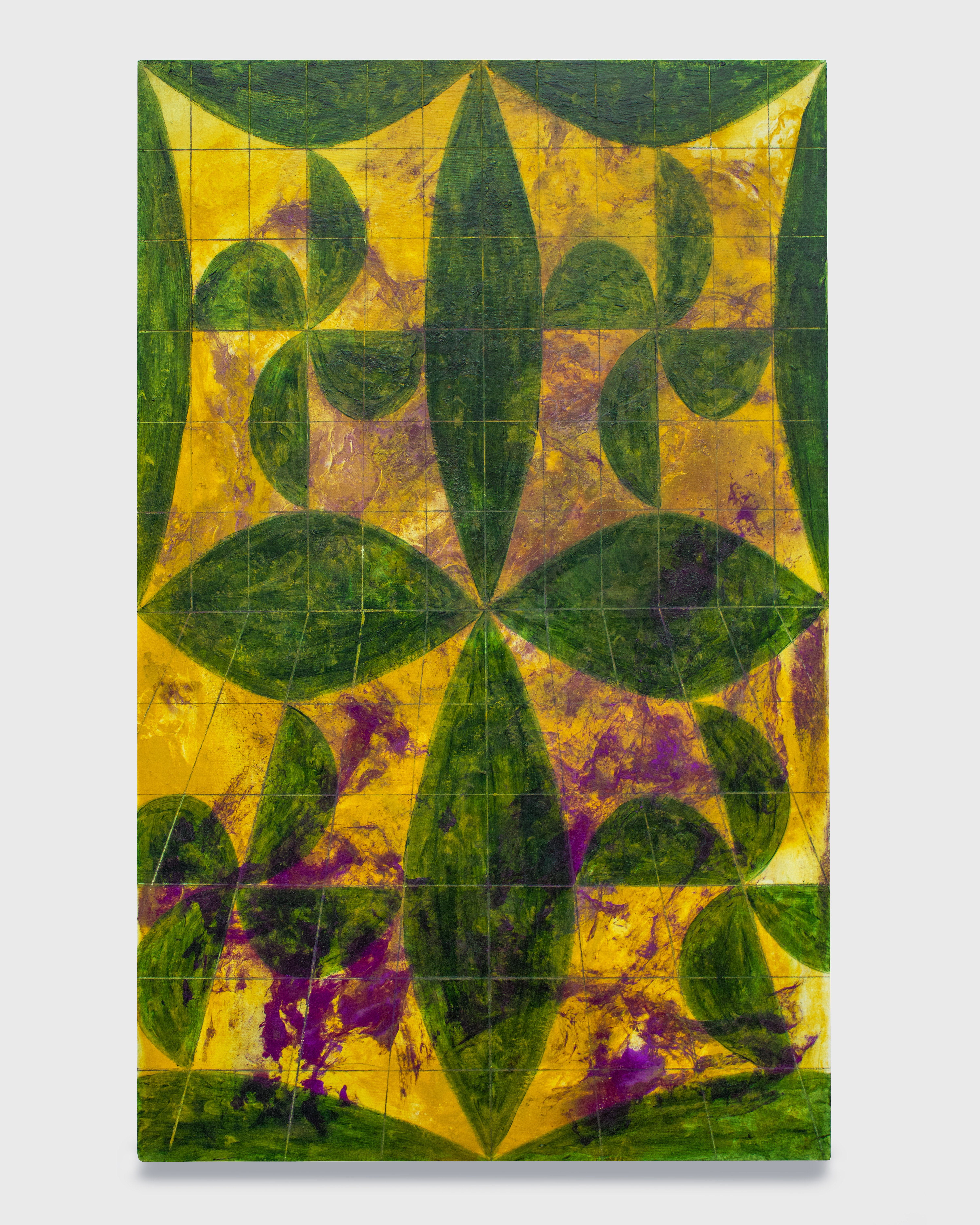 “Mars yellow, cadmium violet and spirulina”  egg yolk and flaxseed gel on canvas lined on wood, 70x43cm