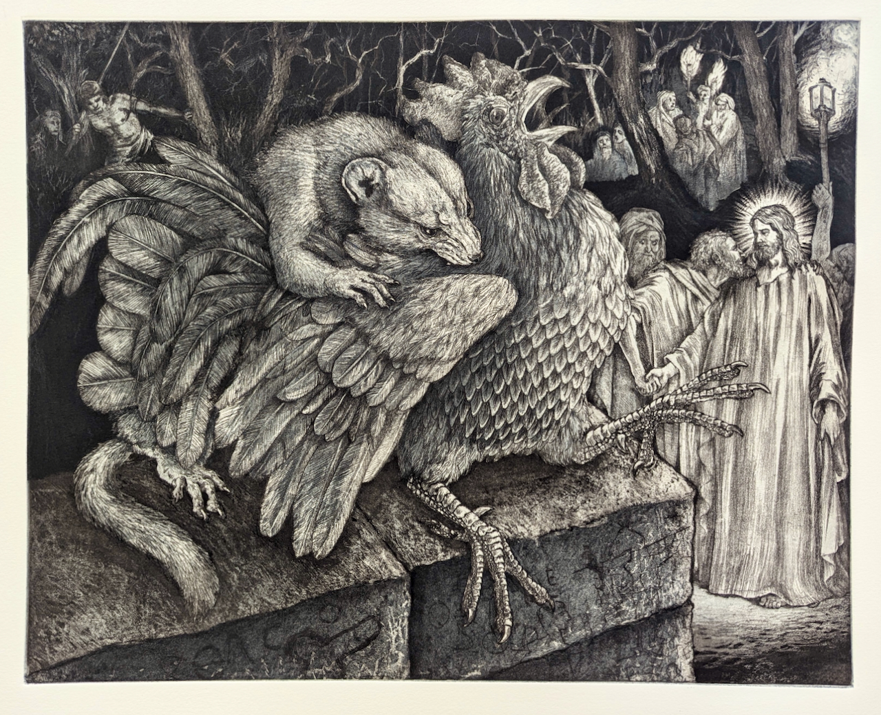 "Judas Kiss/Cock's Crow." 16" x 20" Two plate softground etching with engraving and rosin aquatint