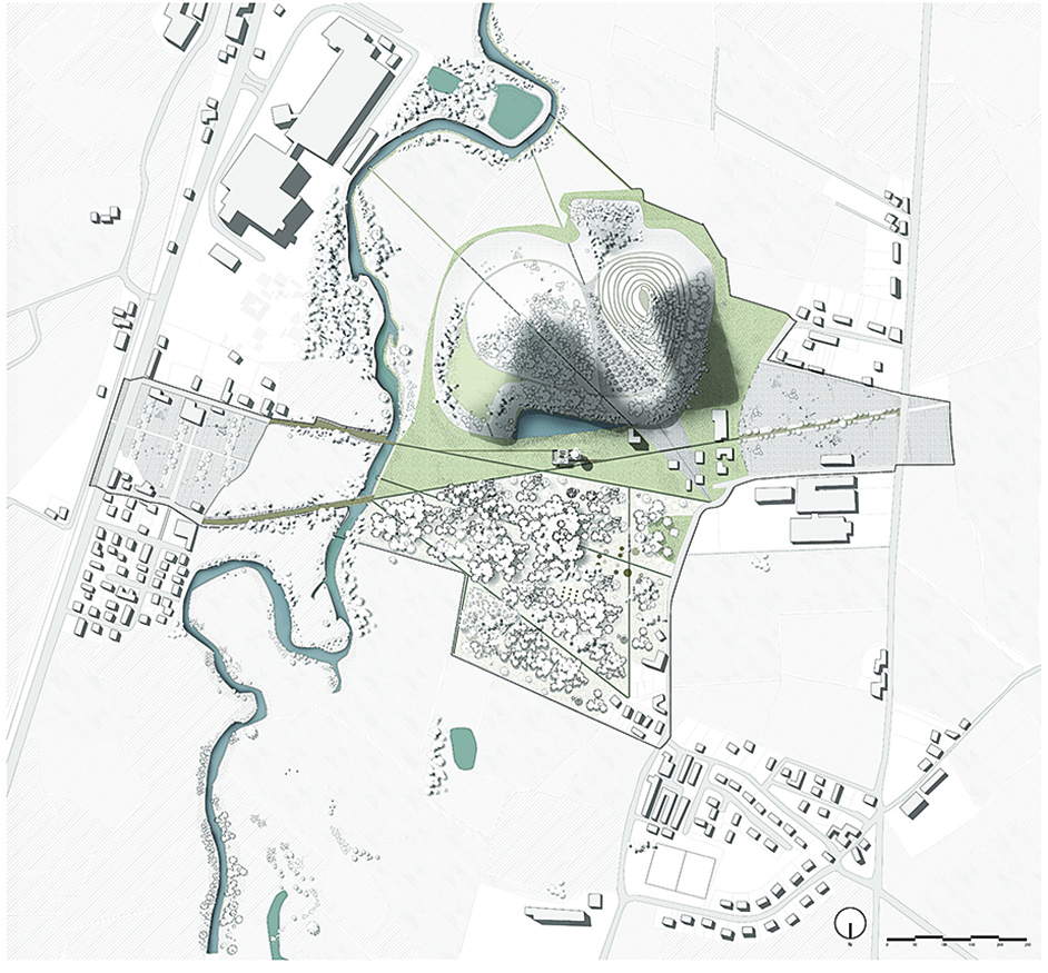 Plan masse après projet «Les terrils du parc rural des Télôts» pour Alexis Cautain, Projet de fin d’étude, ENSAPVS, paris, février 2013, format 60x60cm, autocad, sketchup, illustrator, photoshop