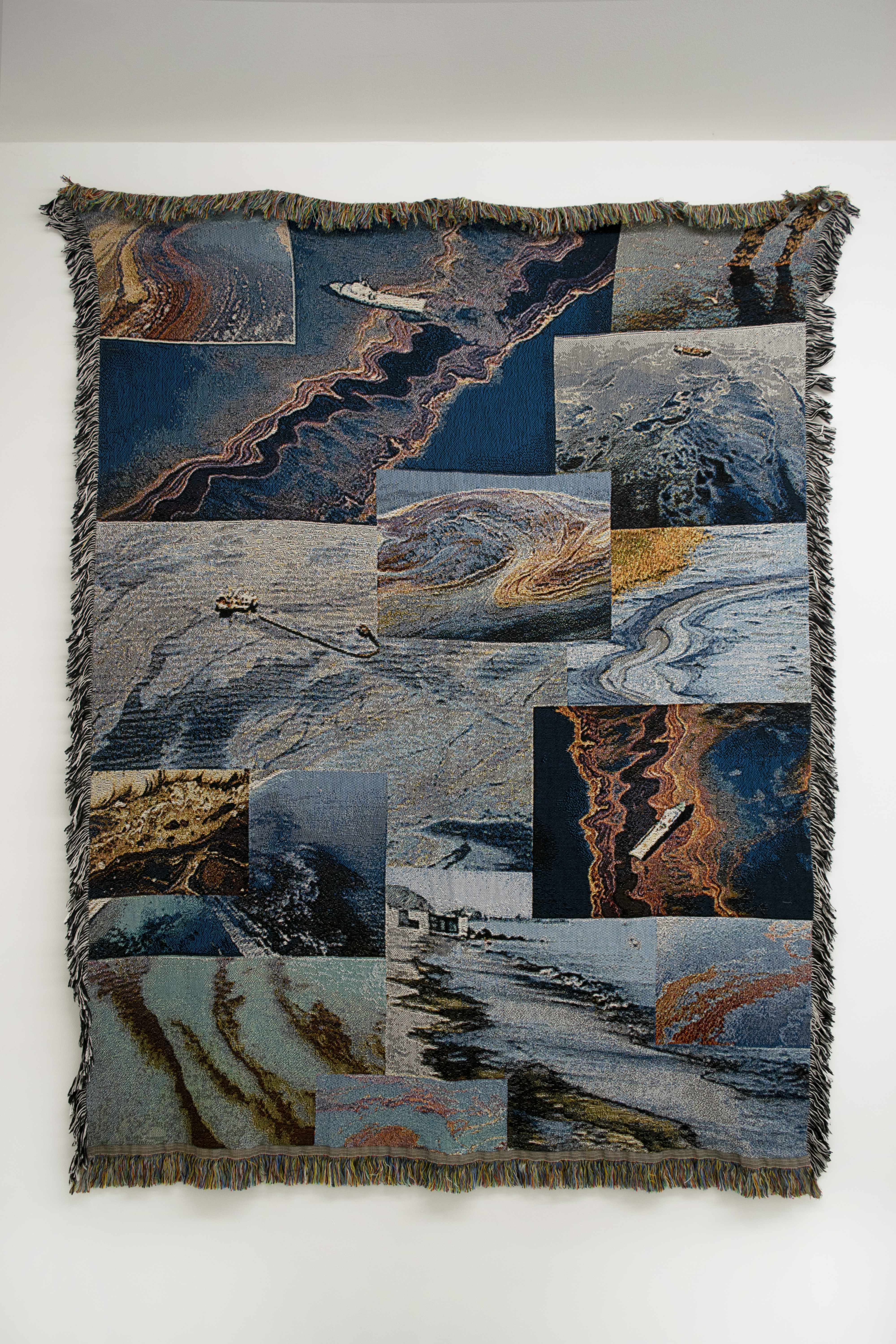 Aubrey Pittman-Heglund. Deep Horizon Oil Spill. Jaquard woven cotton textile depicting images of sourced oil spills. 2016-2021.