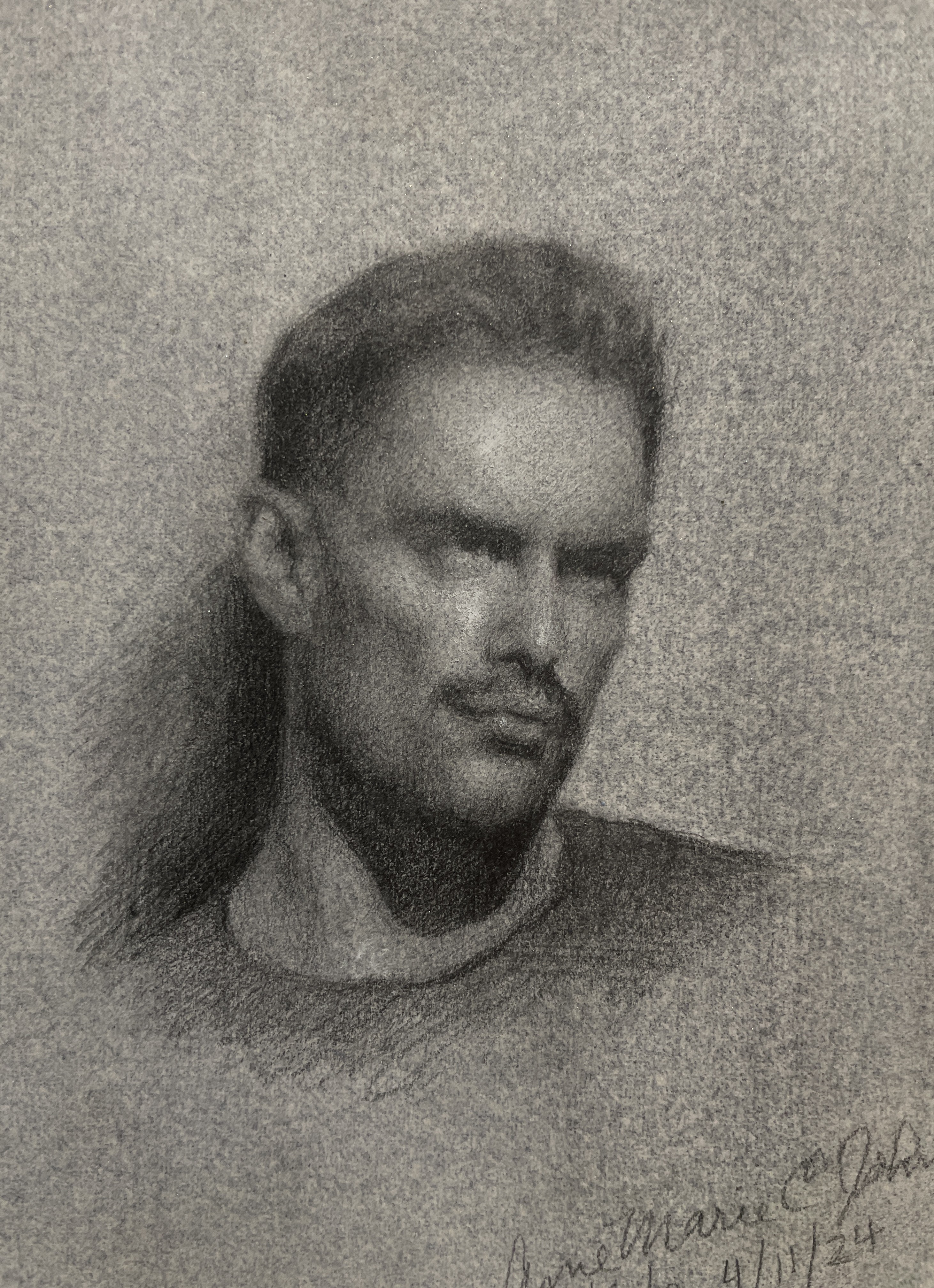 Portrait of Kyle, 20244.5"x3.5", graphite & white chalk on toned paper