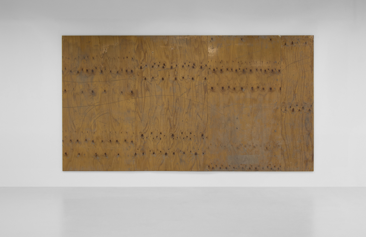 A Piece of Floor Where We Used To Dance, 2018 Removed wooden floor. After the exhibition, the wall piece returns to its original location. Two parts: piece of new floor, and original floor on wall 431 x 232 cm each