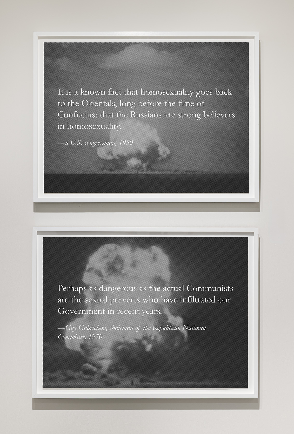 Yevgeniy Fiks, From the series Homosexuality is Stalin's Atom Bomb to Destroy America, 2012:Stalin's Atom Bomb a.k.a. Homosexuality, No. 4, Giclee print, 22 x 30 inches.Stalin's Atom Bomb a.k.a. Homosexuality, No. 2, Giclee print, 22 x 30 inches. Courtesy of the artist.Photo by Etienne Frossard.