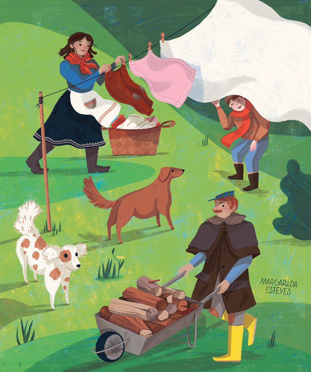 A woman hanging clothes on a drying rack, a boy playing hide and seek with his two dogs and a man carrying wood.