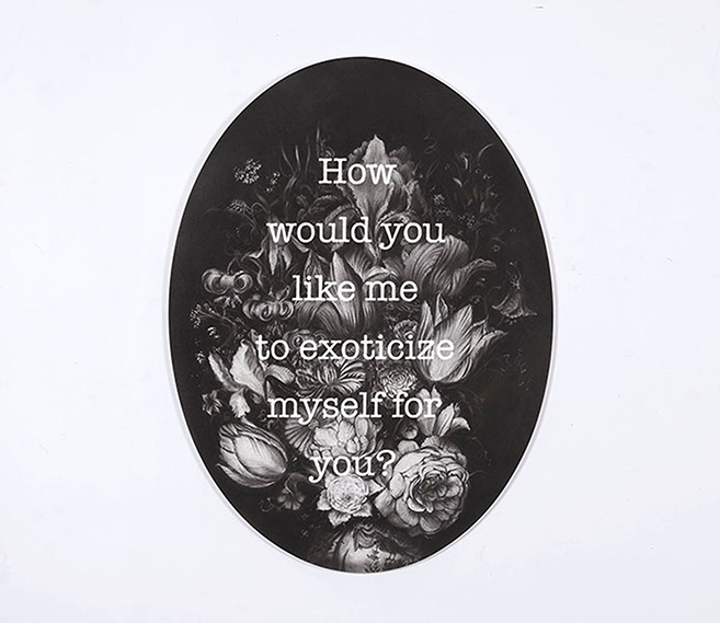 How would you like me to exoticize myself for you?, 2017. Charcoal on arches hot pressed oval panel, 24 x 18 inches.