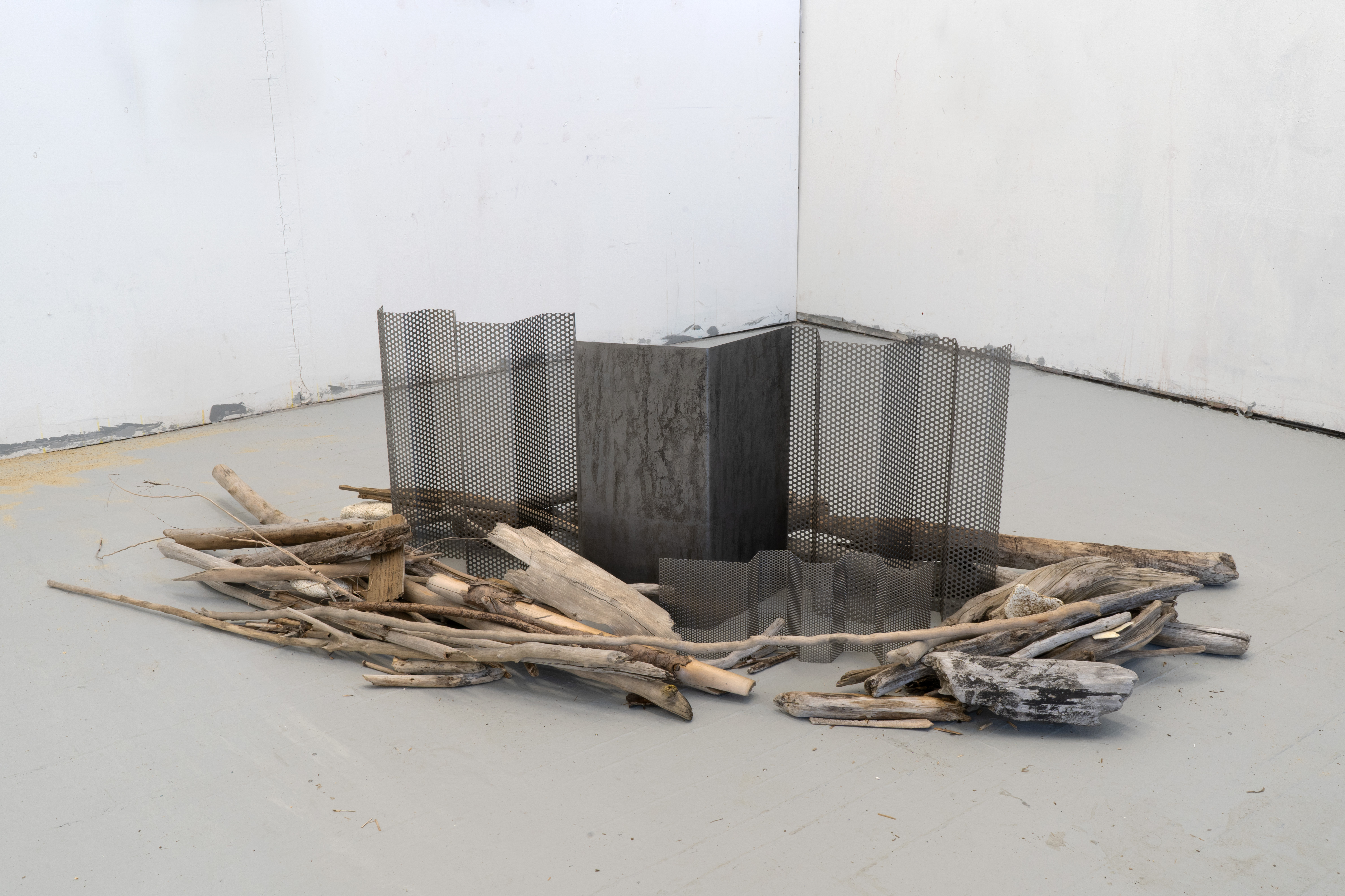 We know what it is to look into eternity (The Great Flood of 1927, Vermont) / 2025 / Paper lithograph on steel, paper lithograph on driftwood, driftwood, perforated steel / 36 x 65 x 24 inches