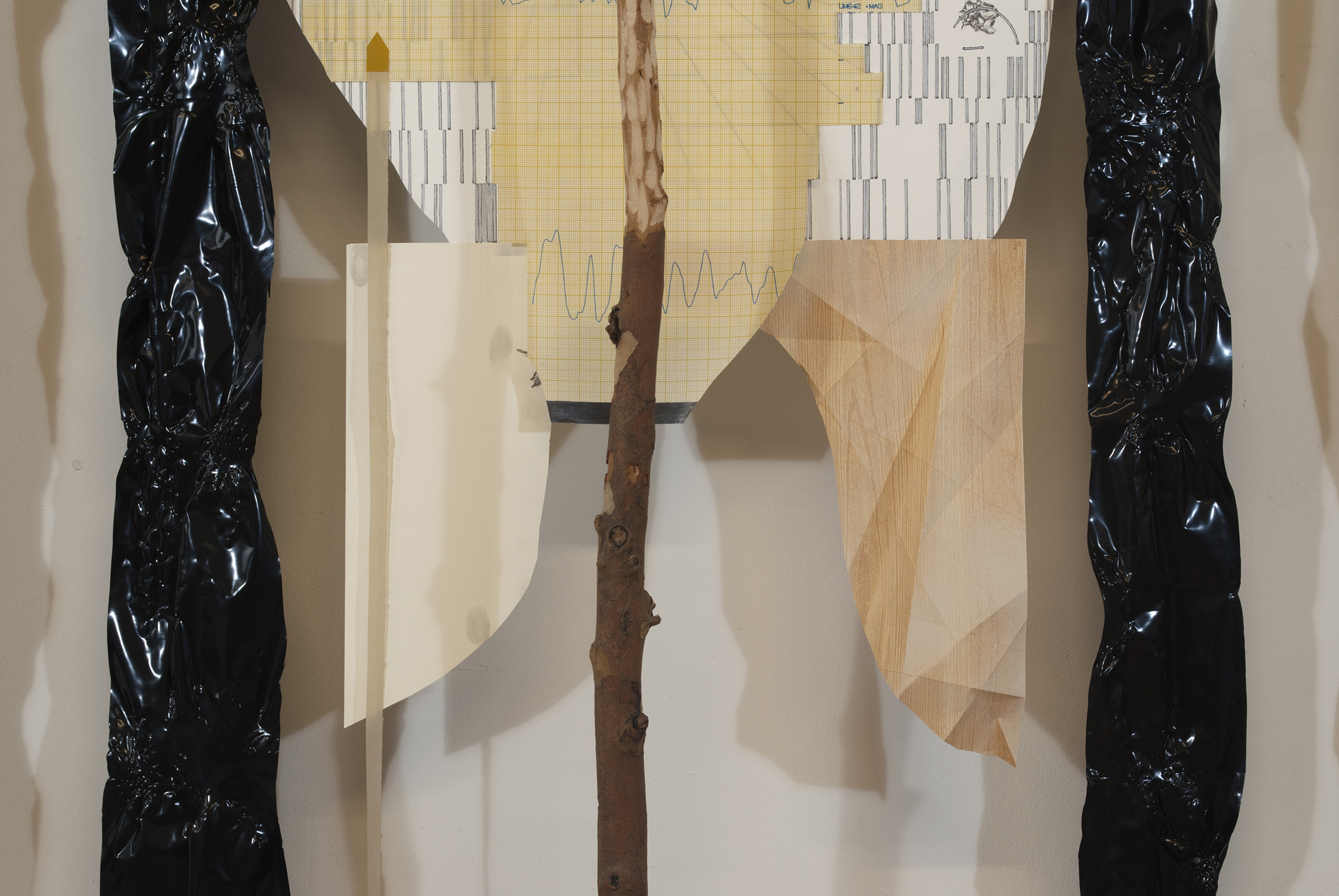 thesunthesea  Ink, melted plastic, aerosol, oil pastel, graphite and tape on paper and plexiglass. Laminate, acrylic paint, wood, and push pin.  2013 - 75 x 64 x 8