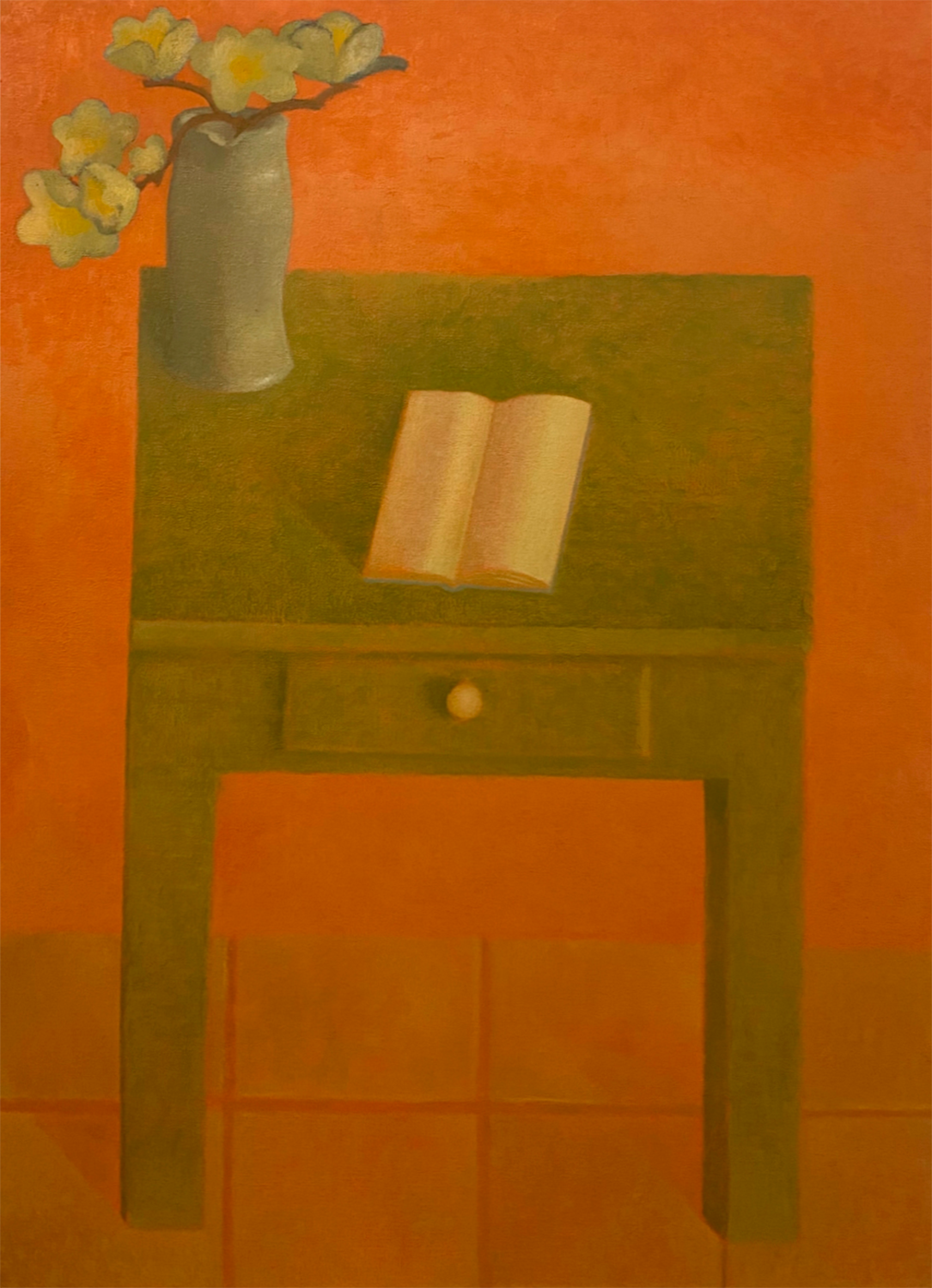 "Escrivaninha com livro e flores", 2022, óleo sobre tela