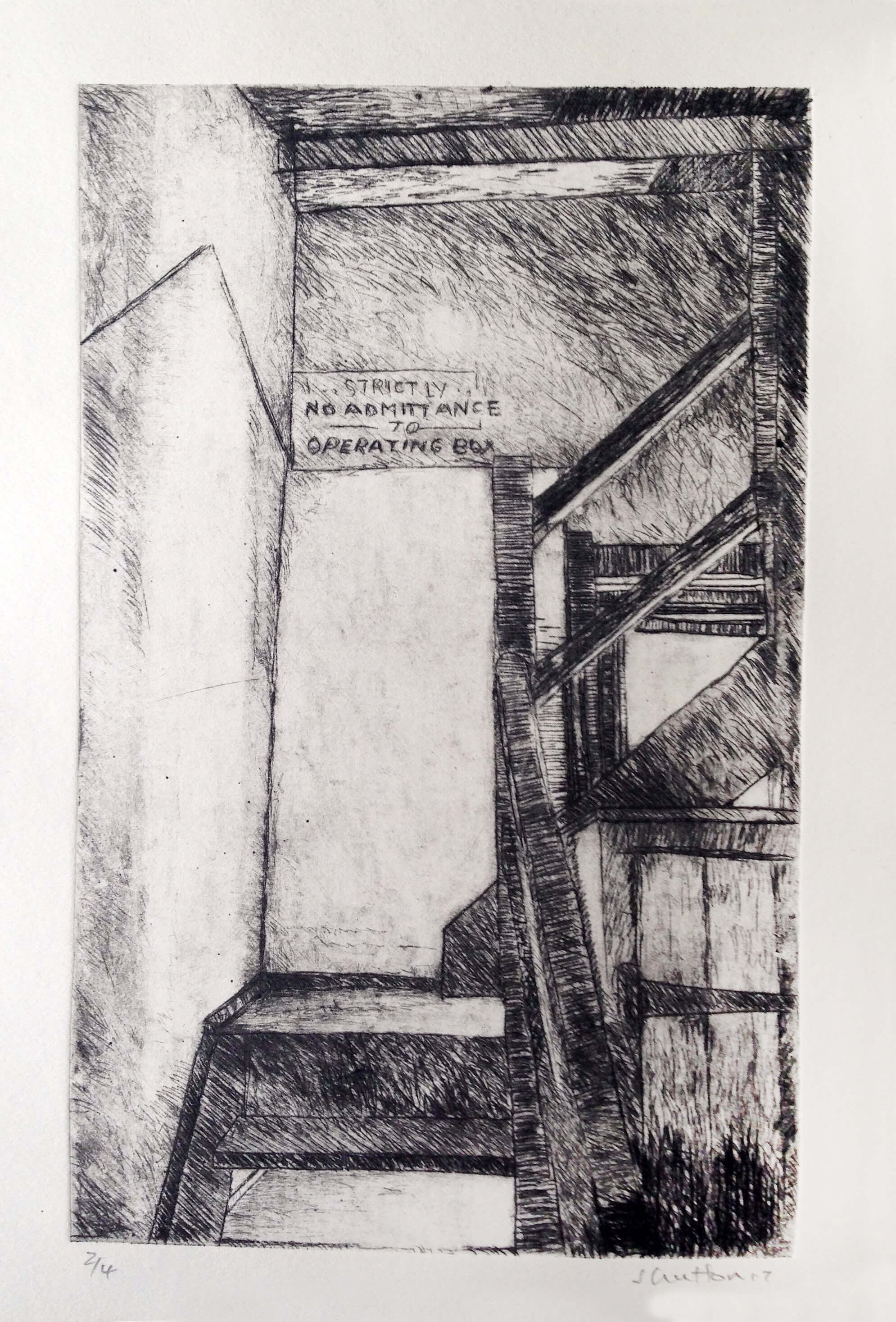 The Forgotten Theatre — Stairwell, Dry Point Etching on Paper, 12 x 20 cm.