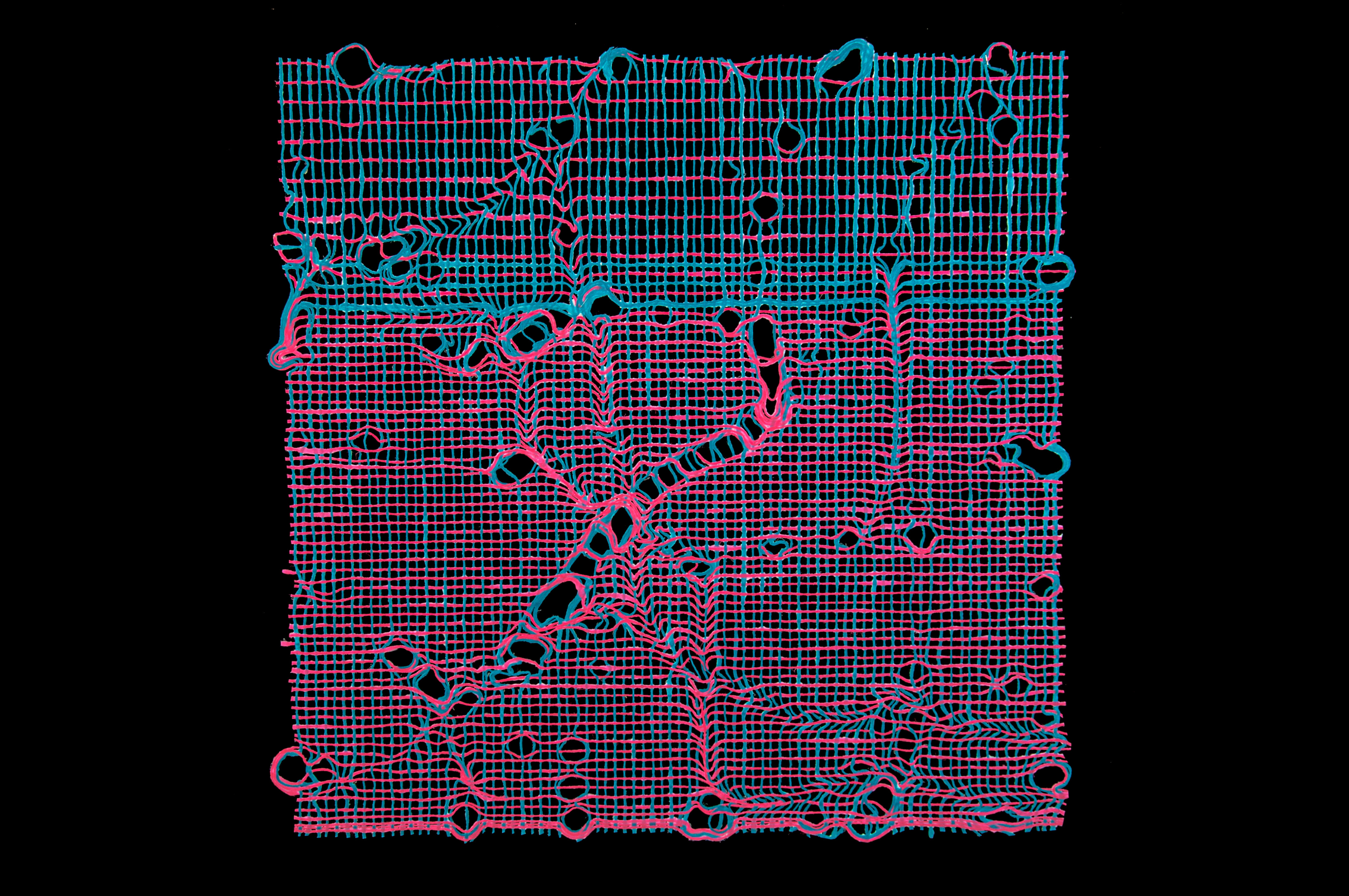 Fragmented Escape, Hand woven cotton, stained with inks and pigments / Coton tissé à la main et teint à l’encre et aux pigments 37 1/2" x 38"