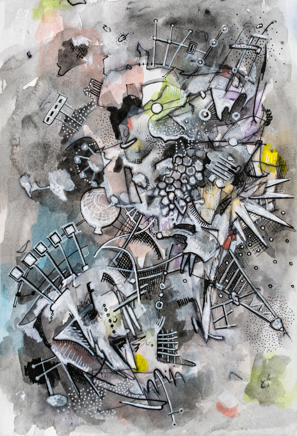 Untitled, 2023, gouache, acrylic, ink, graphite on paper, 7 x 10 inches