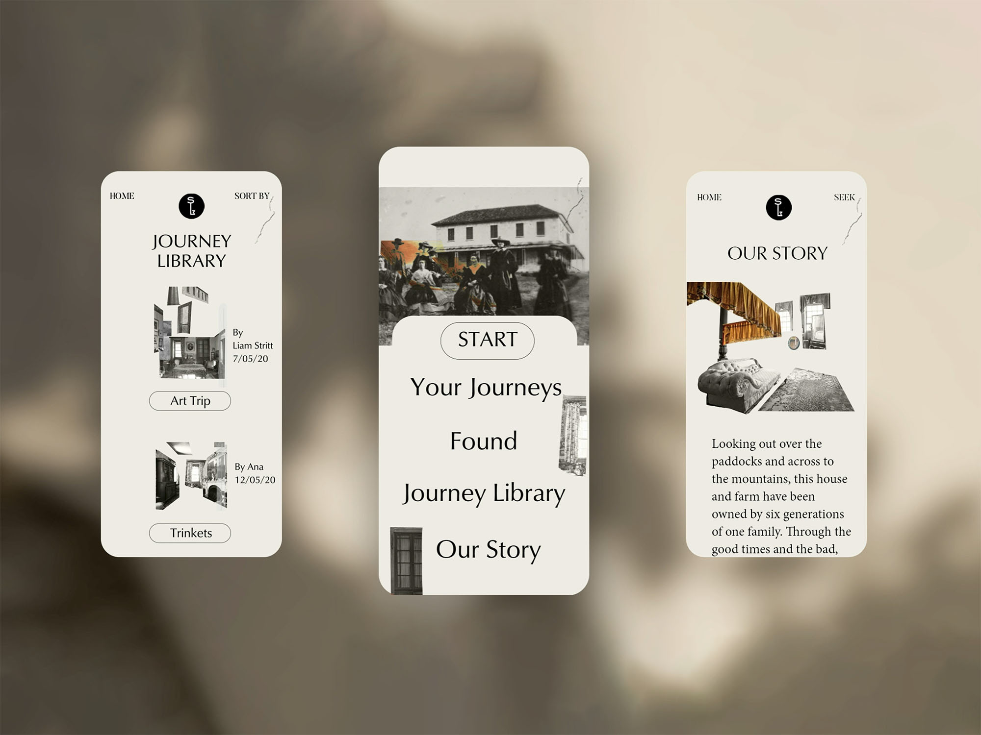 This speculative app was created in response to a wayfinding brief provided by the Sydney Living Museum for their Rouse Hill Estate. The experience would be directed the stories of rooms and their objects, the land, and the unseen, showcasing through the beauty of Rouse Hill and its primarily self-referential collection.